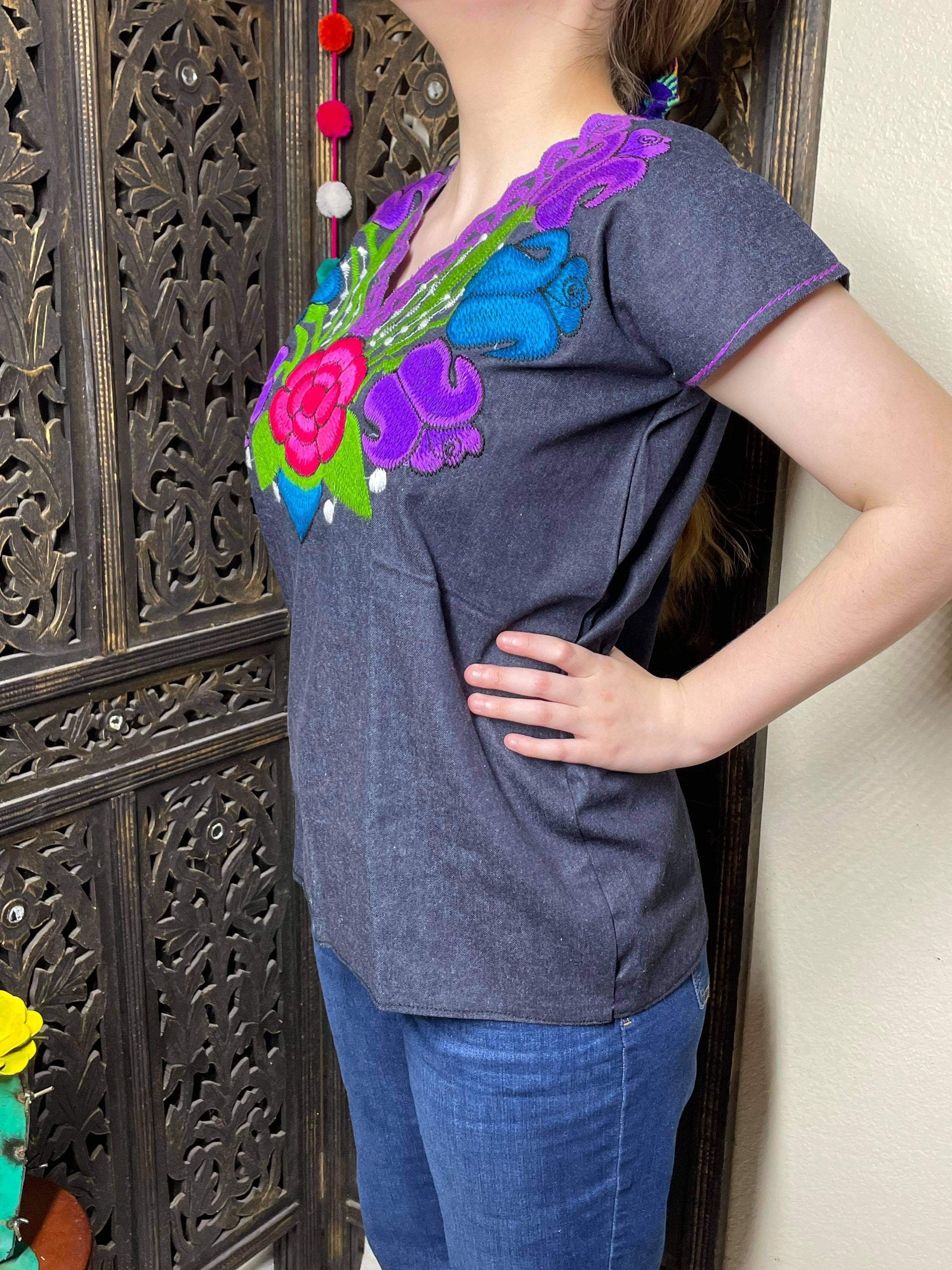 Image of Denim Floral Embroidered Mexican Blouse - Handmade Embroidered Blouse - Denim Blouse