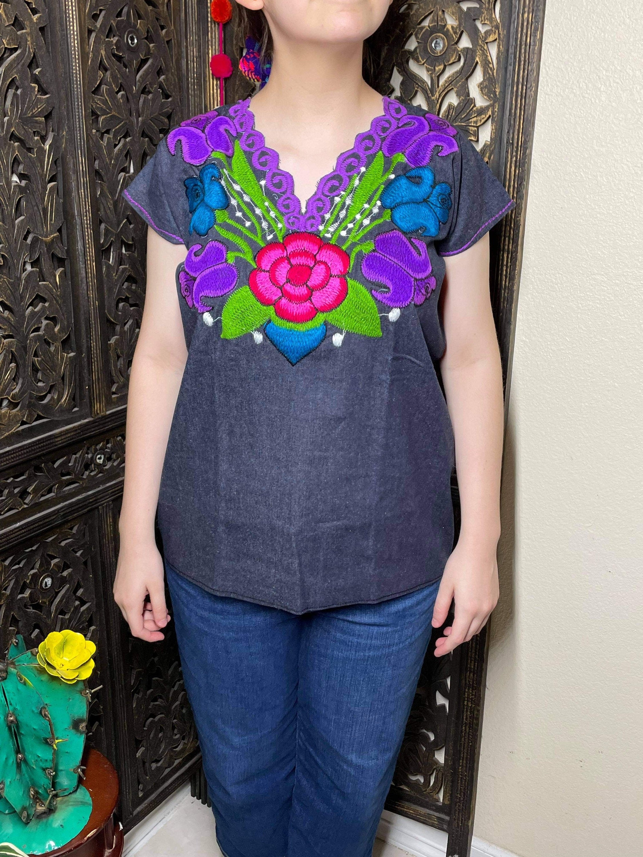Image of Denim Floral Embroidered Mexican Blouse - Handmade Embroidered Blouse - Denim Blouse
