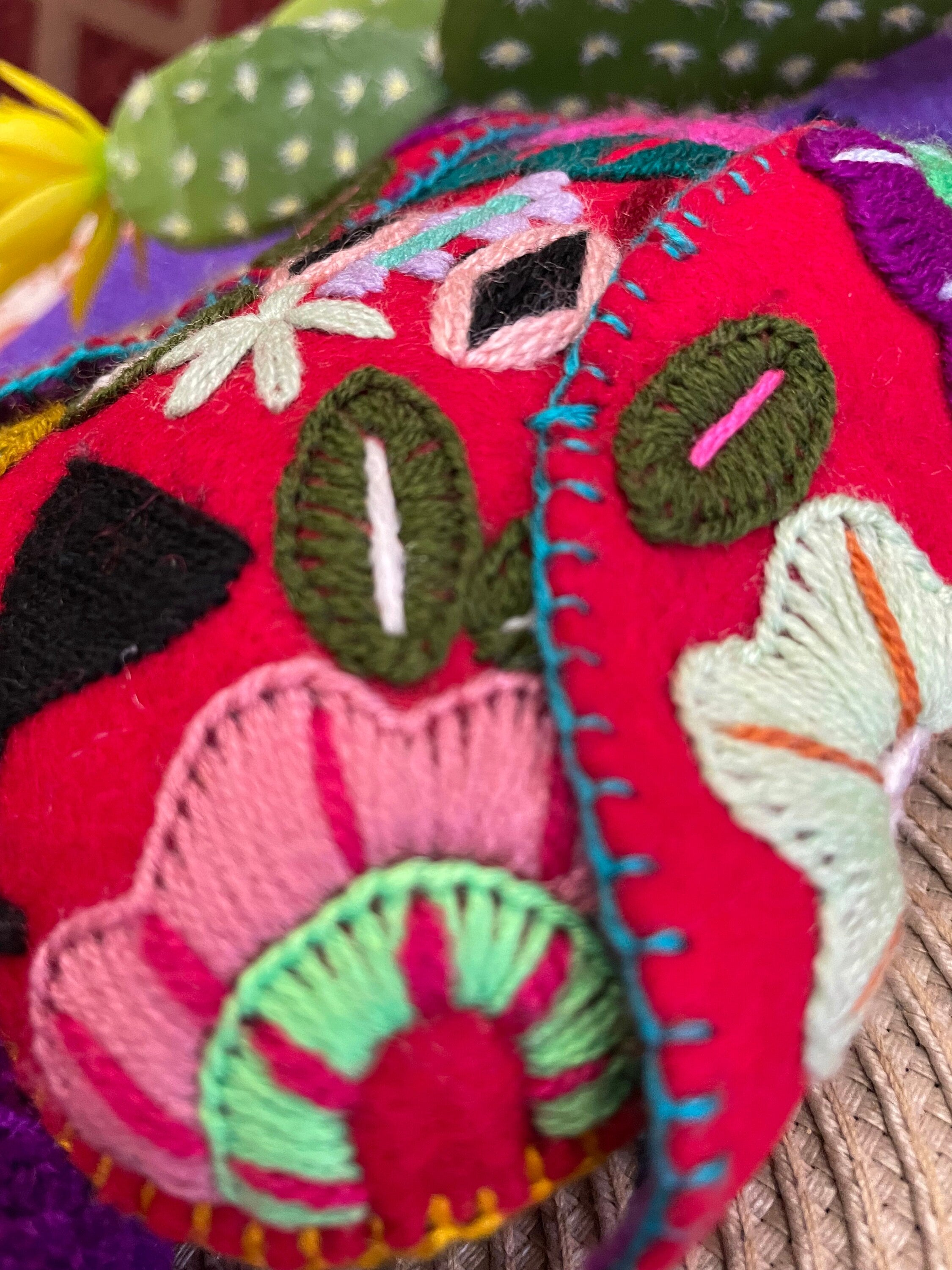 Image of Beautiful Mexican Home Decor - Heart PomPom with Tassels - Hand Embroidered Heart