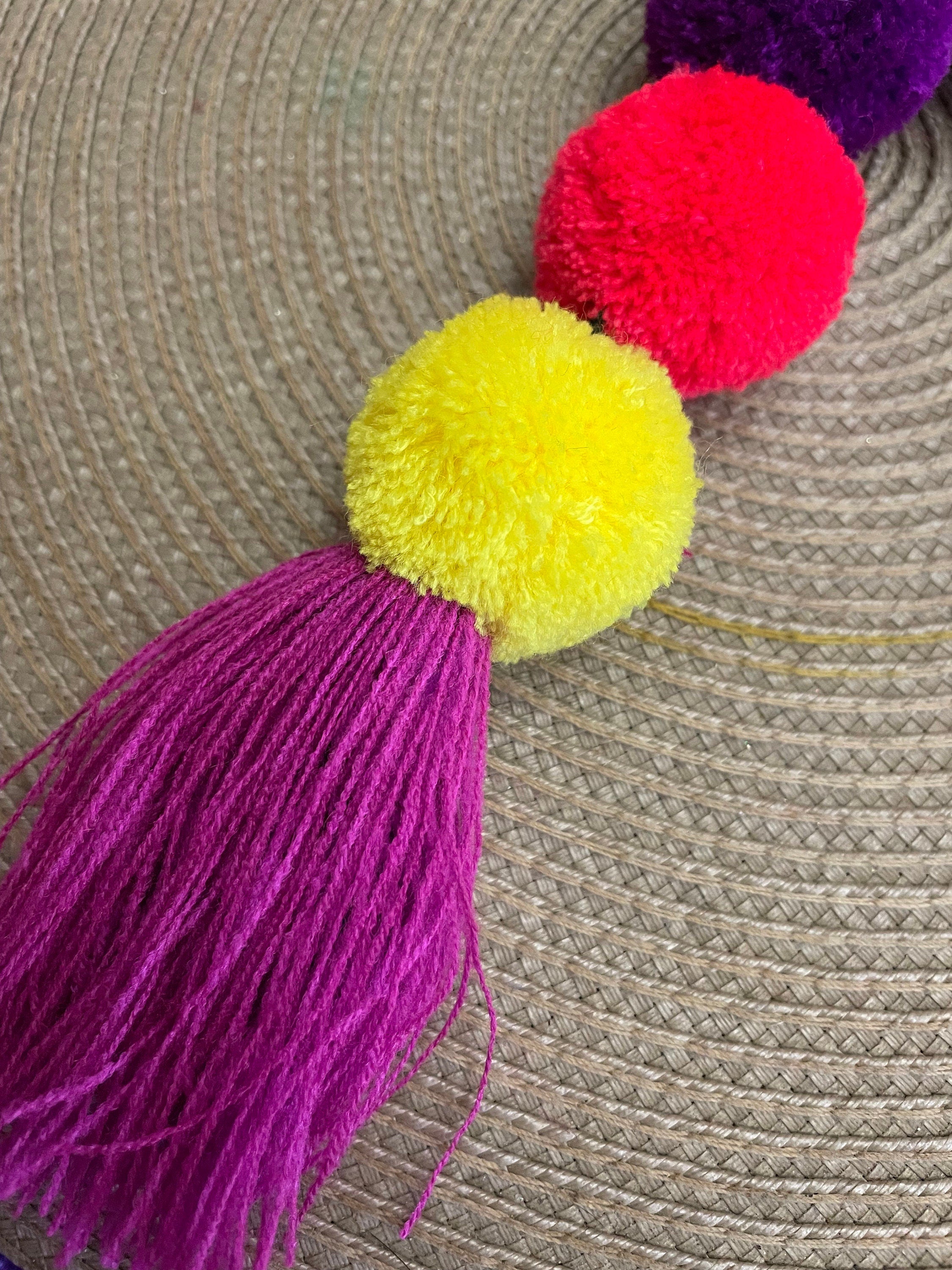 Image of Beautiful Mexican Home Decor - Heart PomPom with Tassels - Hand Embroidered Heart