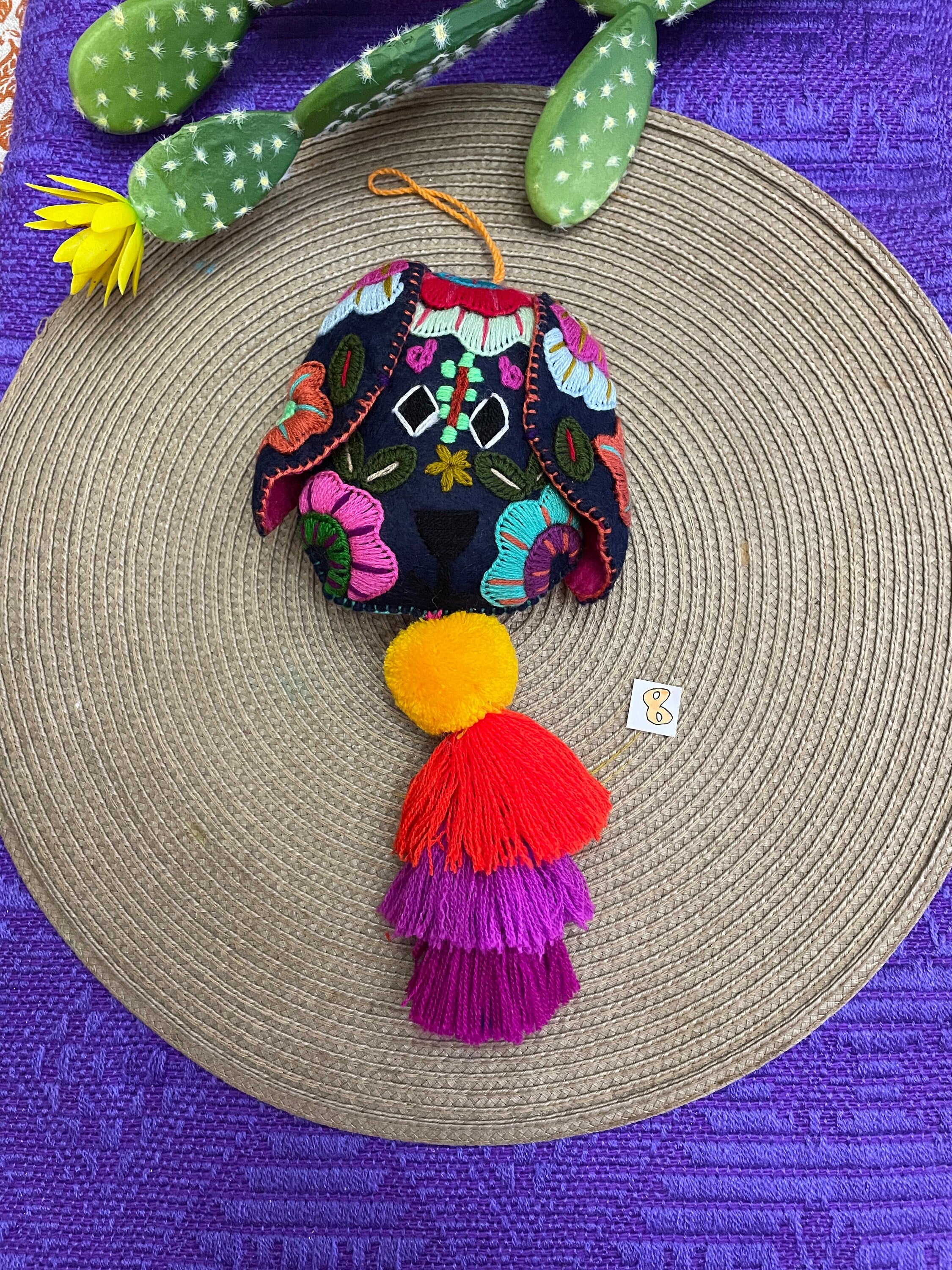Image of Beautiful Mexican Home Decor - Dog PomPom with Tassels - Hand Embroidered Dog