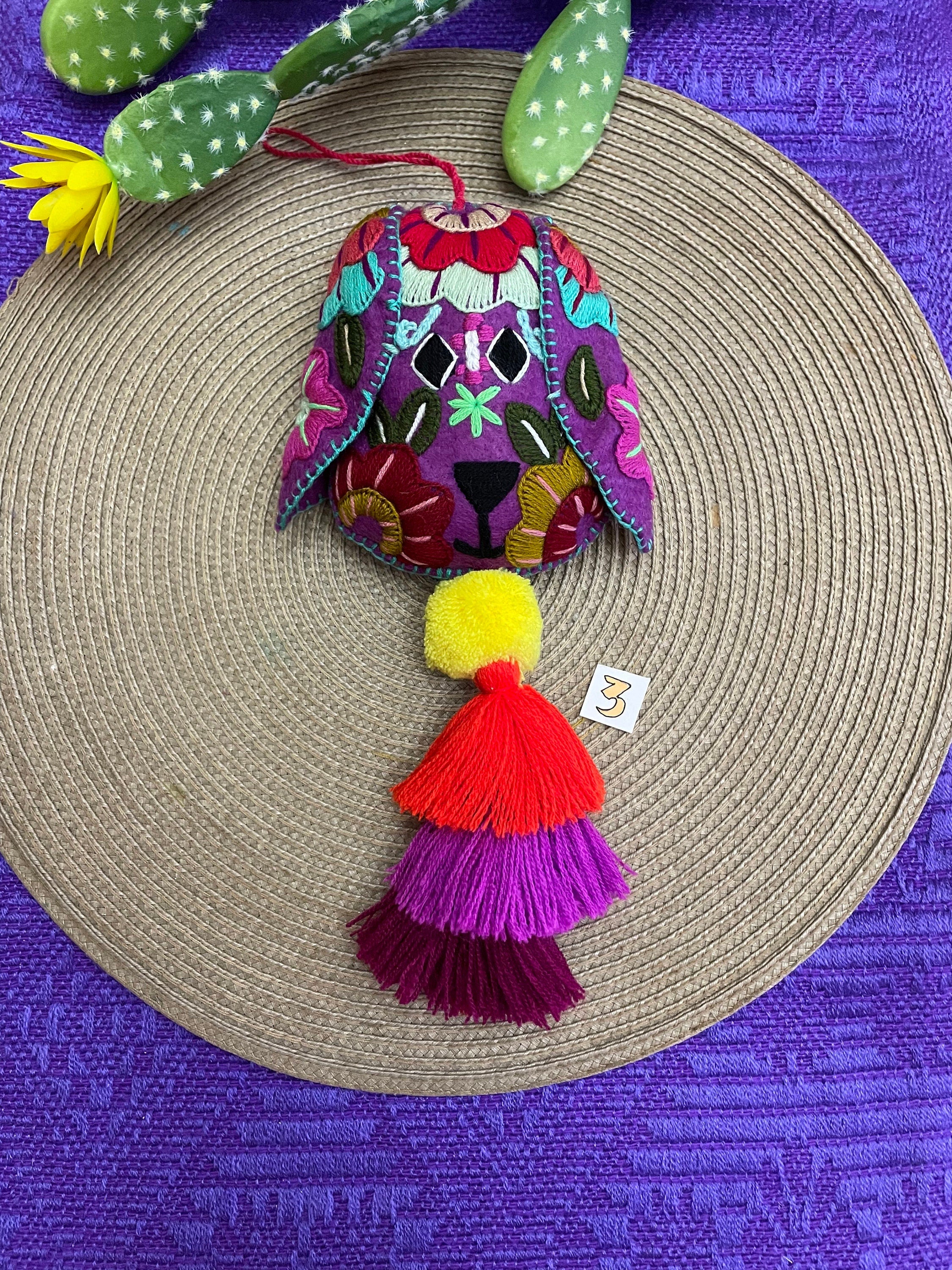 Image of Beautiful Mexican Home Decor - Dog PomPom with Tassels - Hand Embroidered Dog