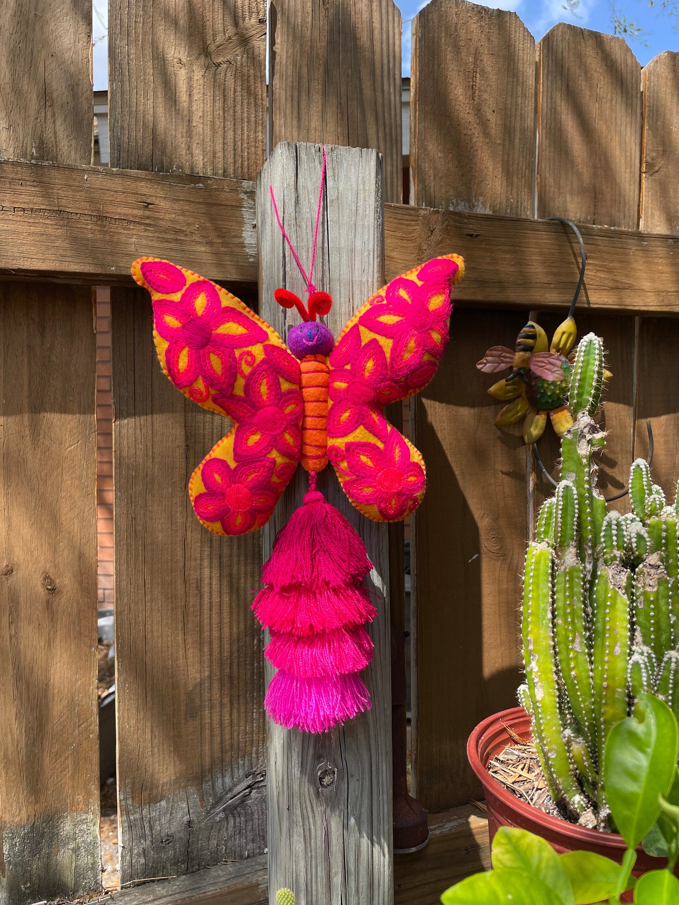 Gorgeous Hand Embroidered Large Butterfly - Handmade Butterfly PomPom - Artisanal Decor