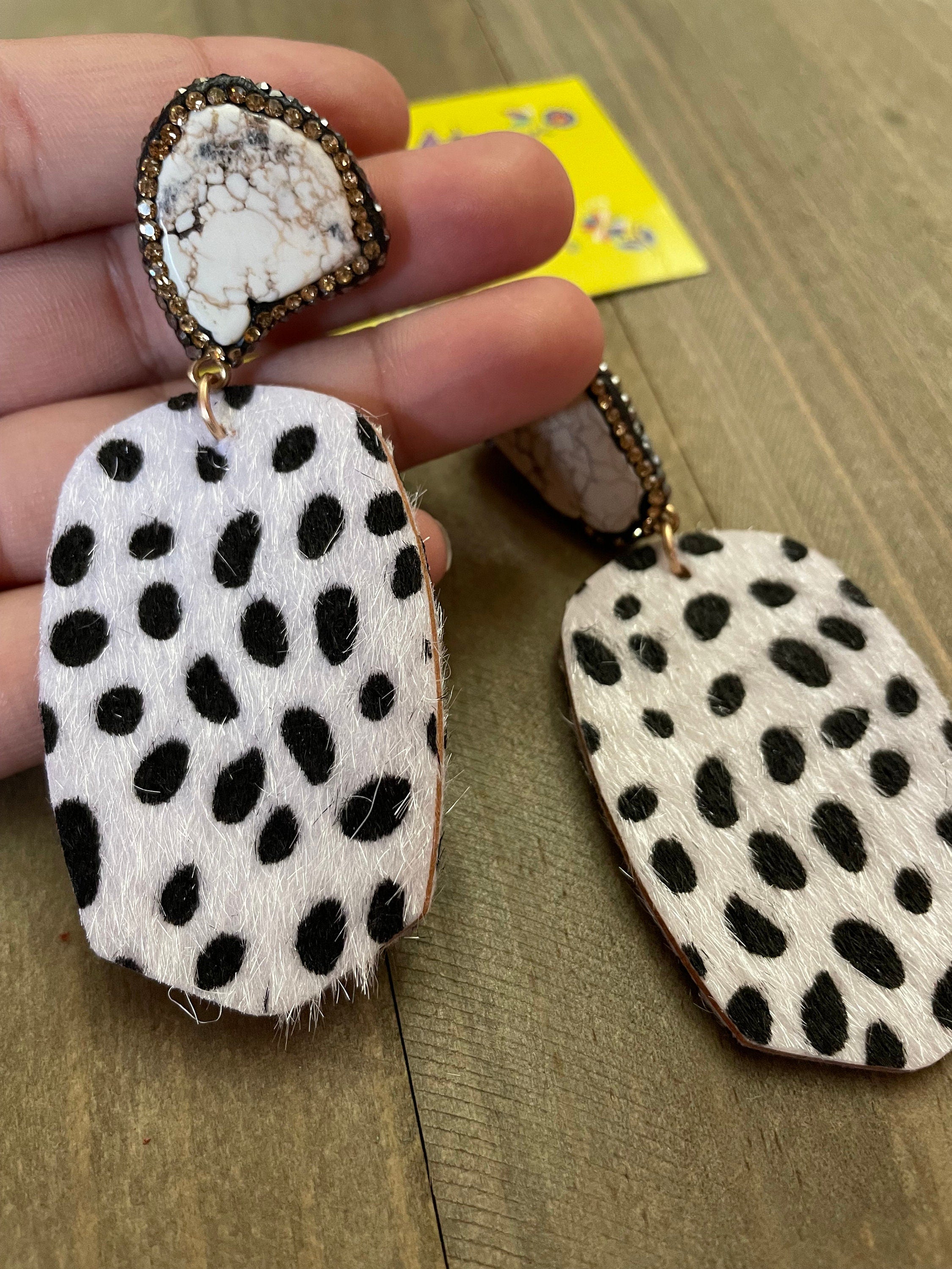 Beautiful Spotted Leather Earrings - Handmade Stone Earrings