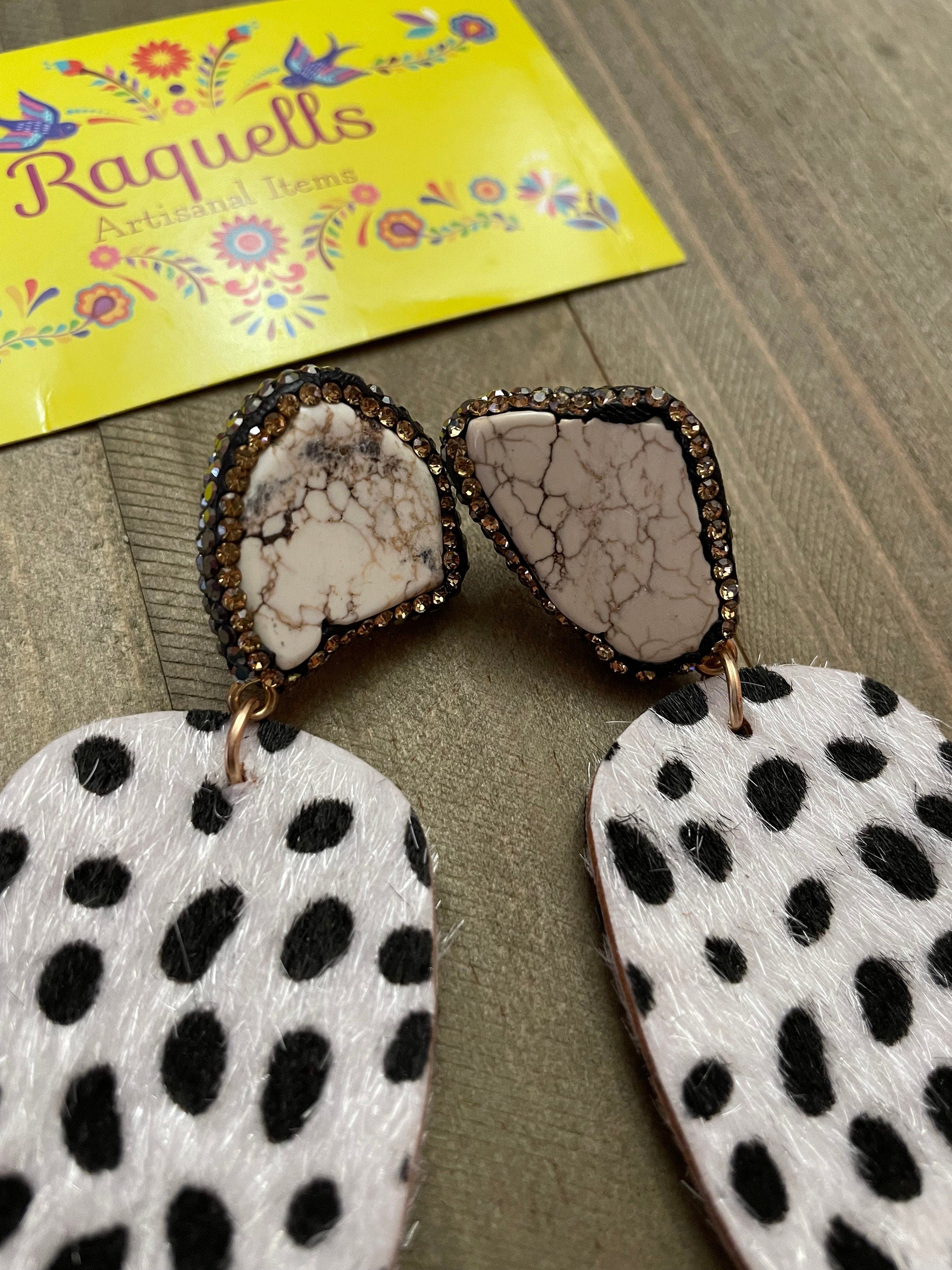 Image of Beautiful Spotted Leather Earrings - Handmade Stone Earrings