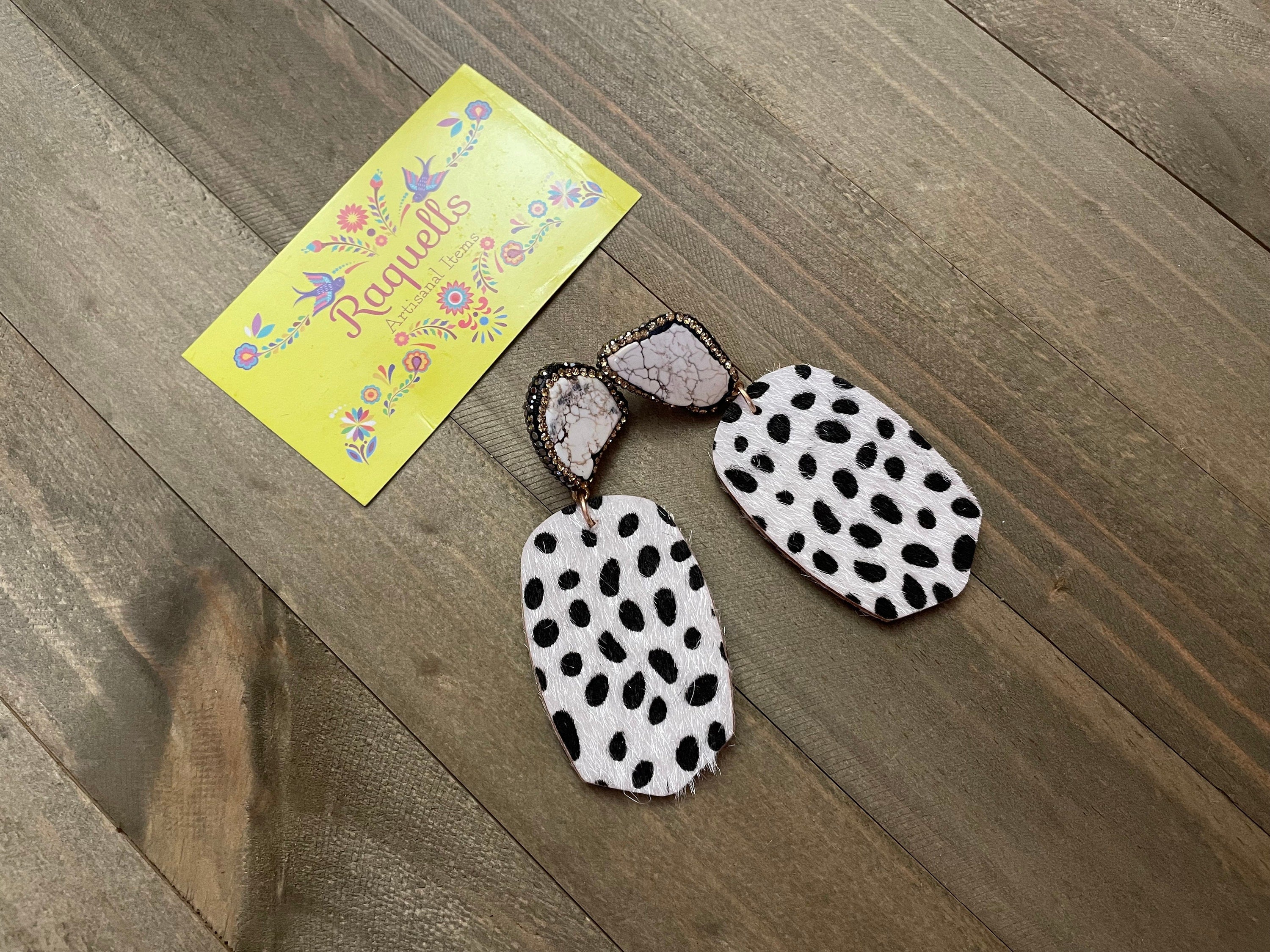 Beautiful Spotted Leather Earrings - Handmade Stone Earrings