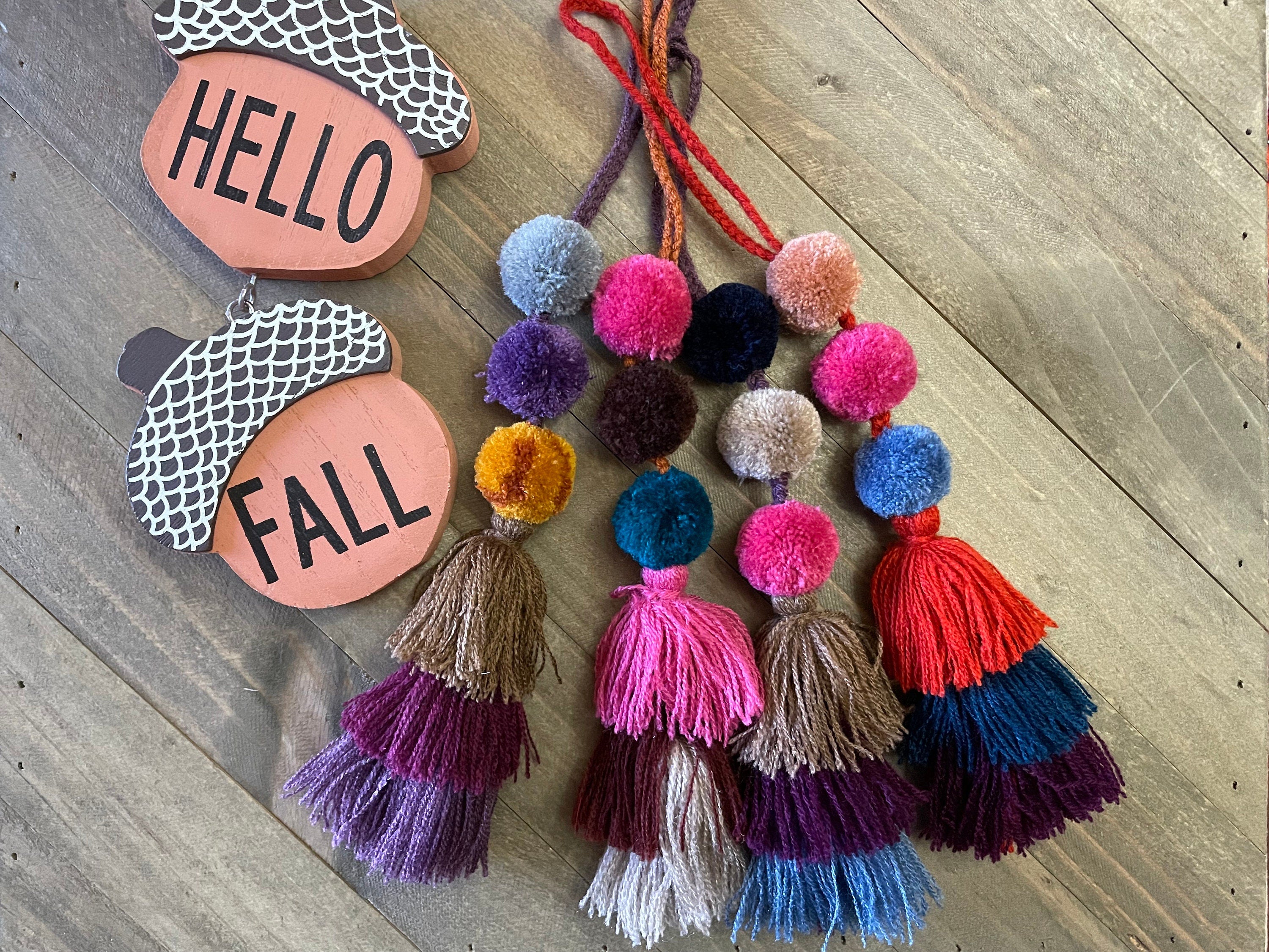 Image of Fall Colored Artisanal PomPom Tassels - Mexican PomPom Keychains - Purse Decor