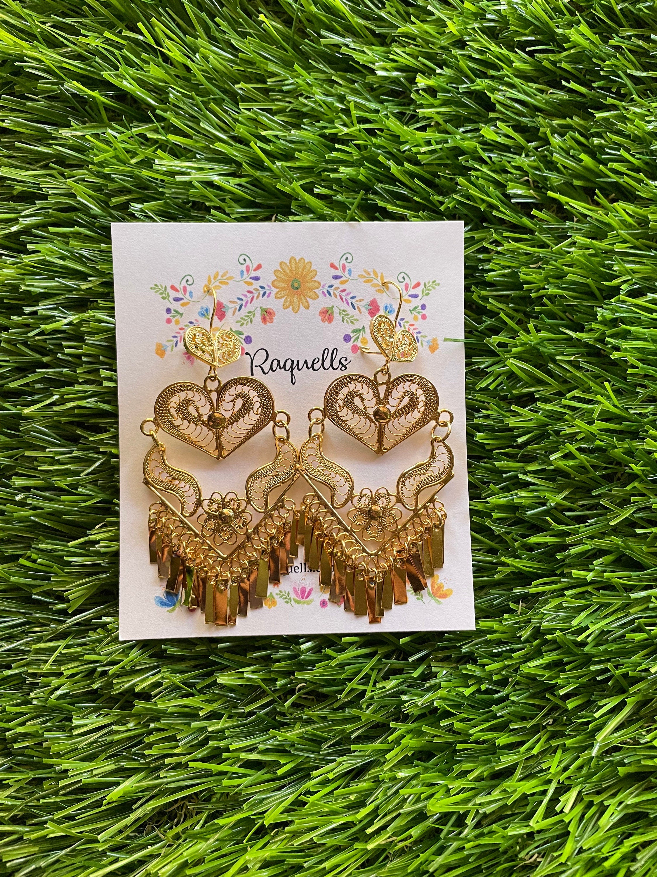 Image of Arrow Heart - Gorgeous & Elegant Mexican Artisanal Gold Plated Filigree Earrings - Beautiful Folkloric Earrings made by our Oaxaca Partners