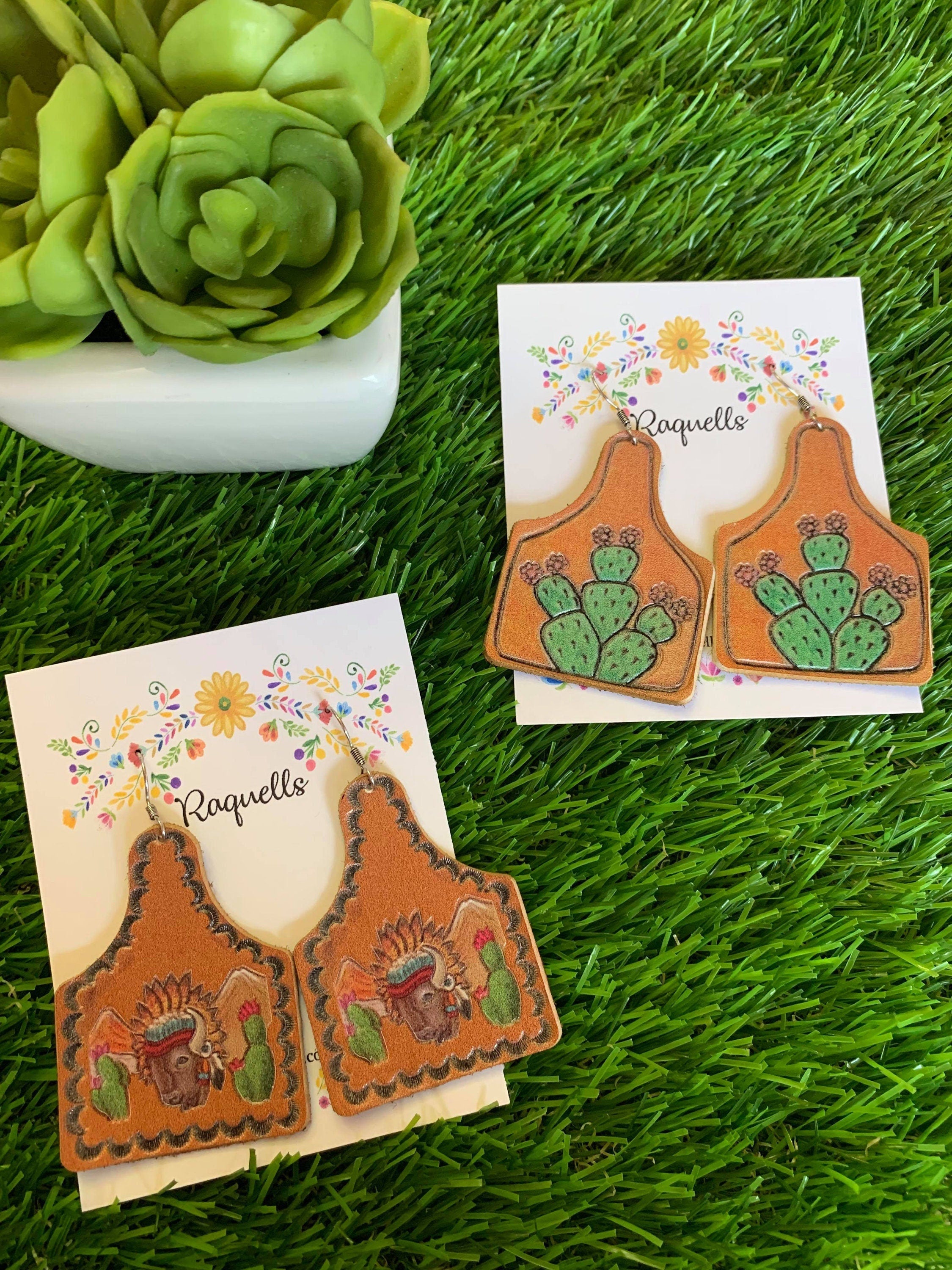 Image of Beautiful Leather Painted Earrings - Handmade Leather Earrings