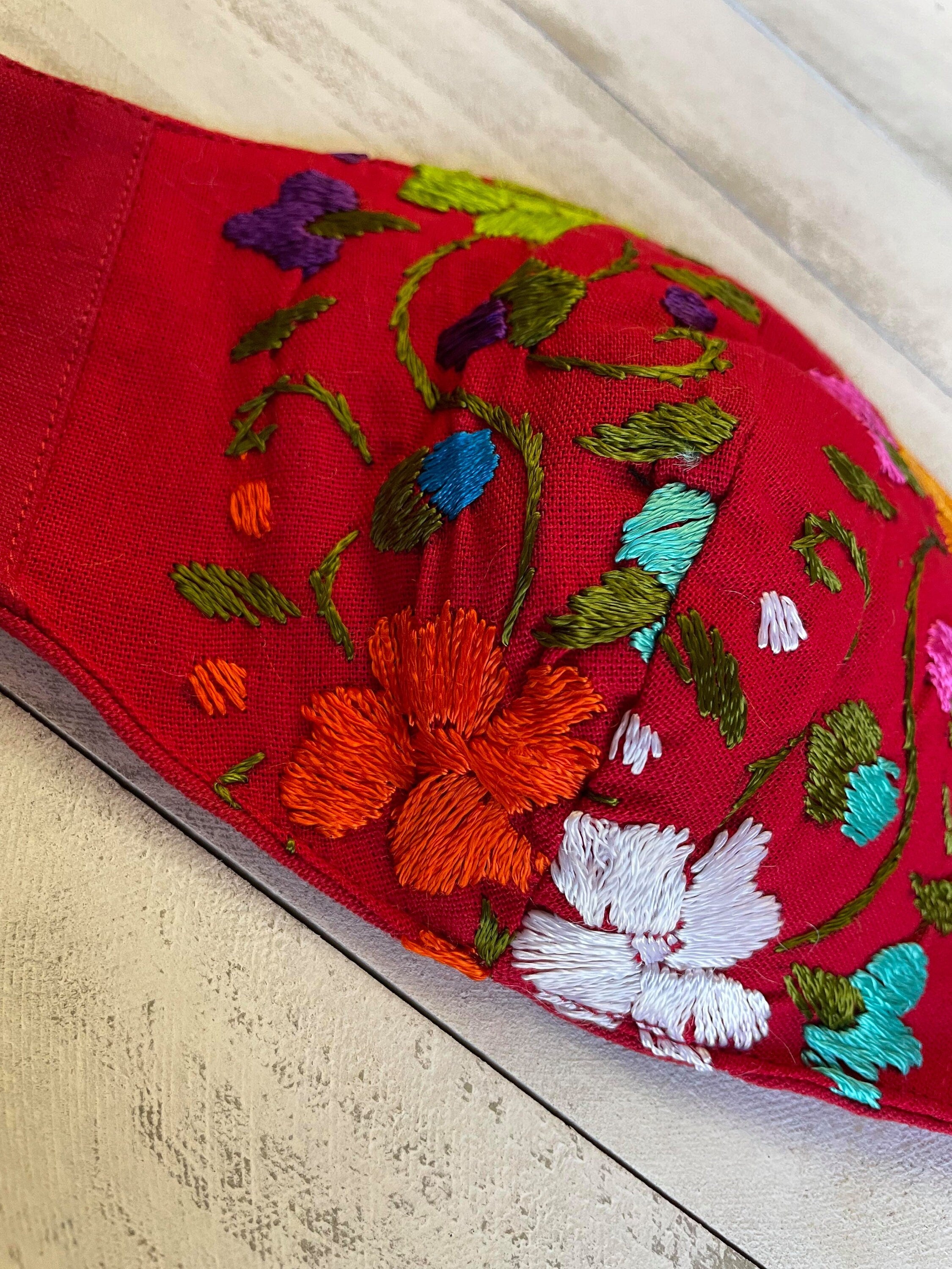 Mexican Simple Embroidered Hot pink color Face Mask - Handmade Artisanal Face Masks