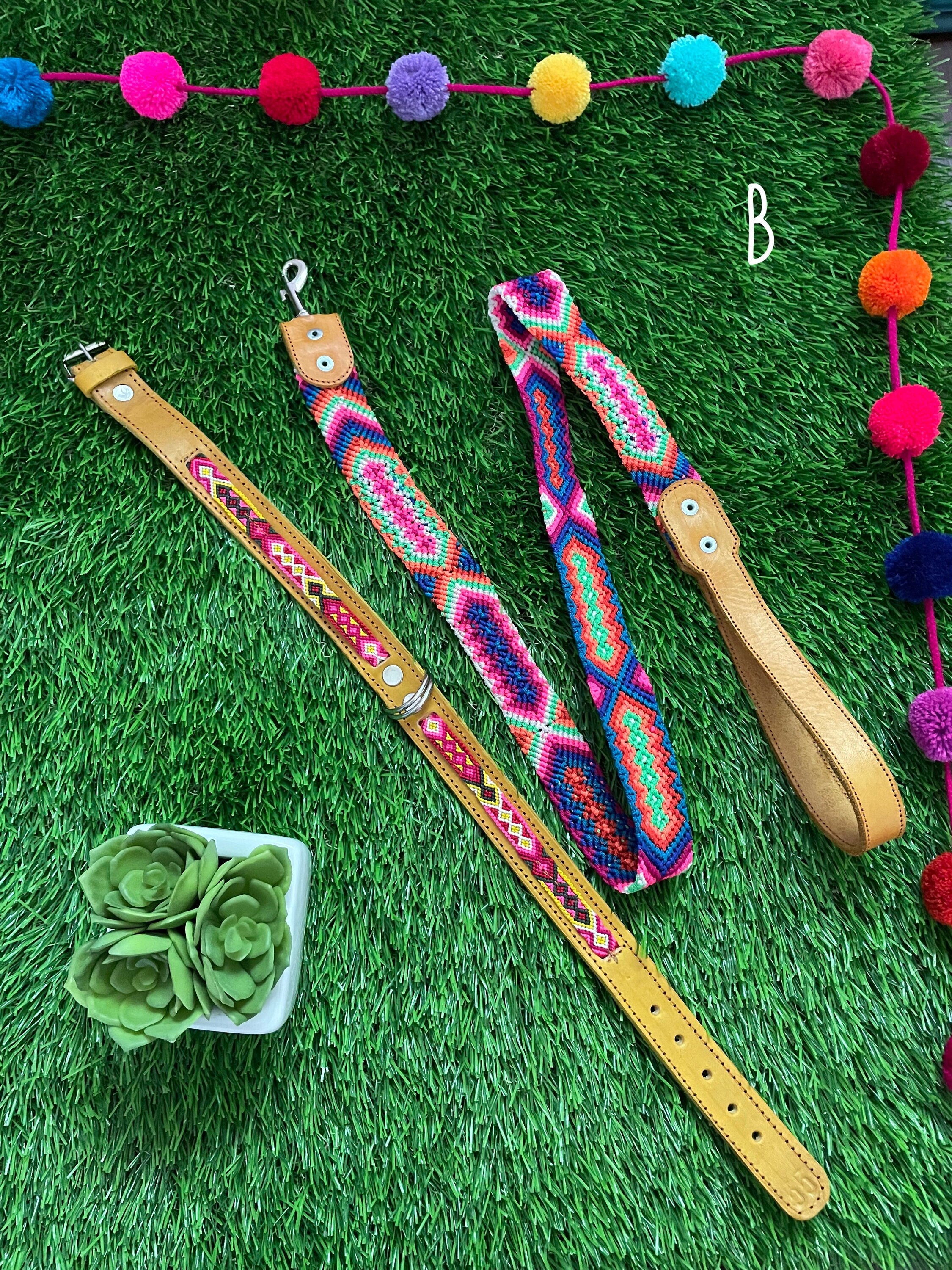 Artisanal Hand Woven Mexican Dog Leash and Medium Size Collar COMBO