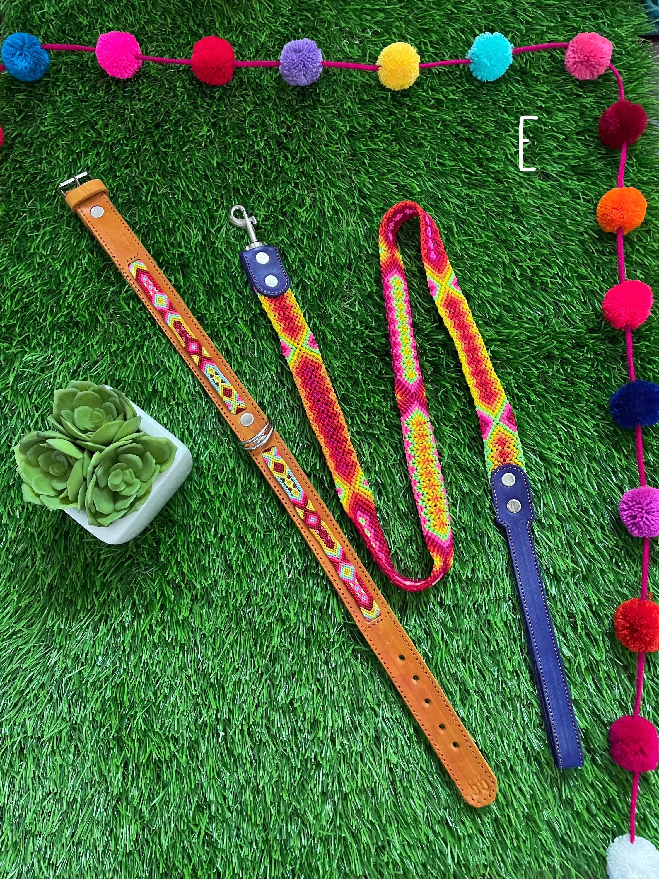 Artisanal Hand Woven Mexican Dog Leash and Medium Size Collar COMBO