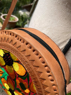 Image of Handmade Double Sided Round Leather Crossbody Purses - Embroidered Genuine Leather Bag