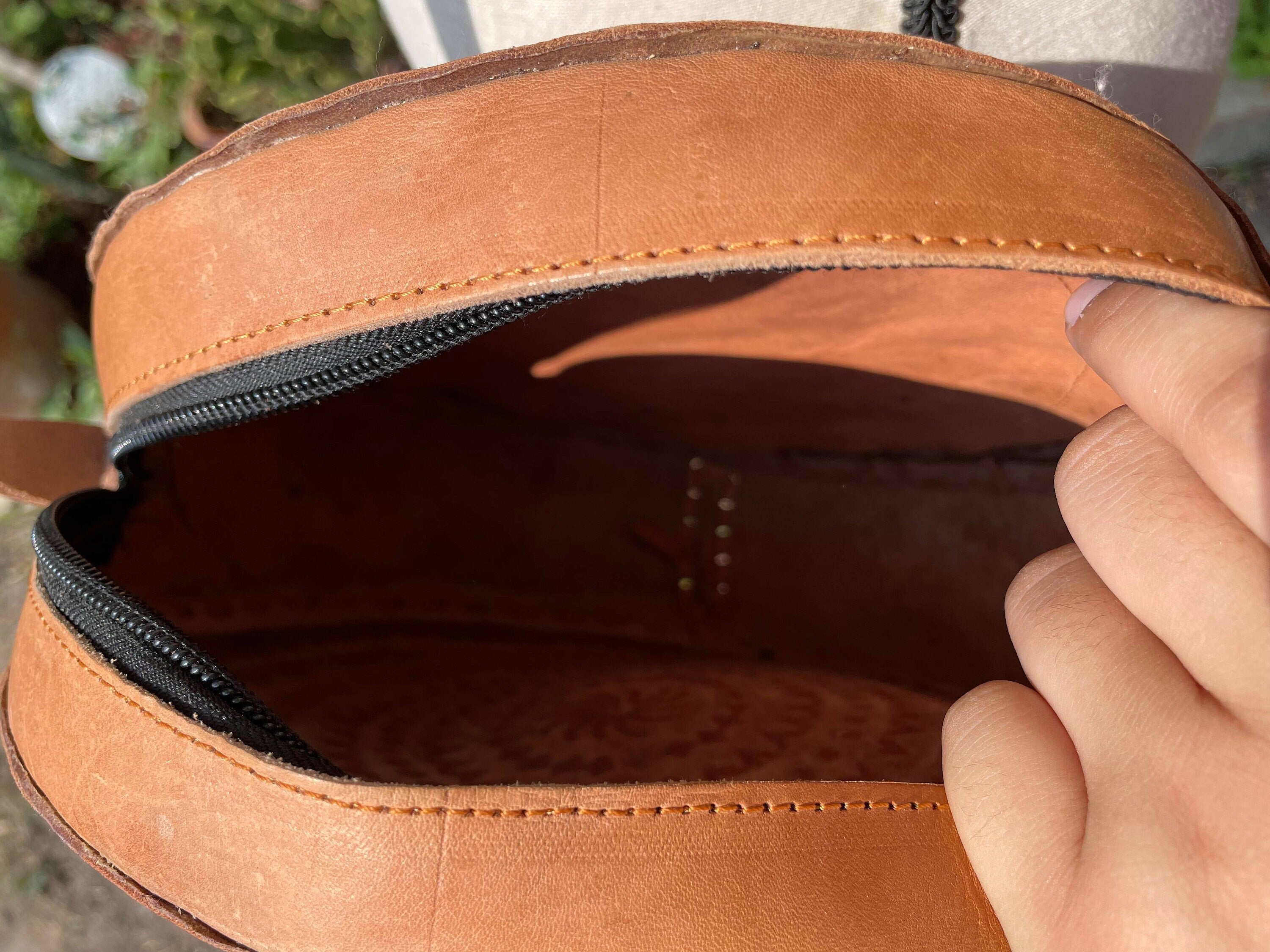 Image of Handmade Round Leather Crossbody Purses - Embroidered Genuine Leather Bag - Boho Leather Purse