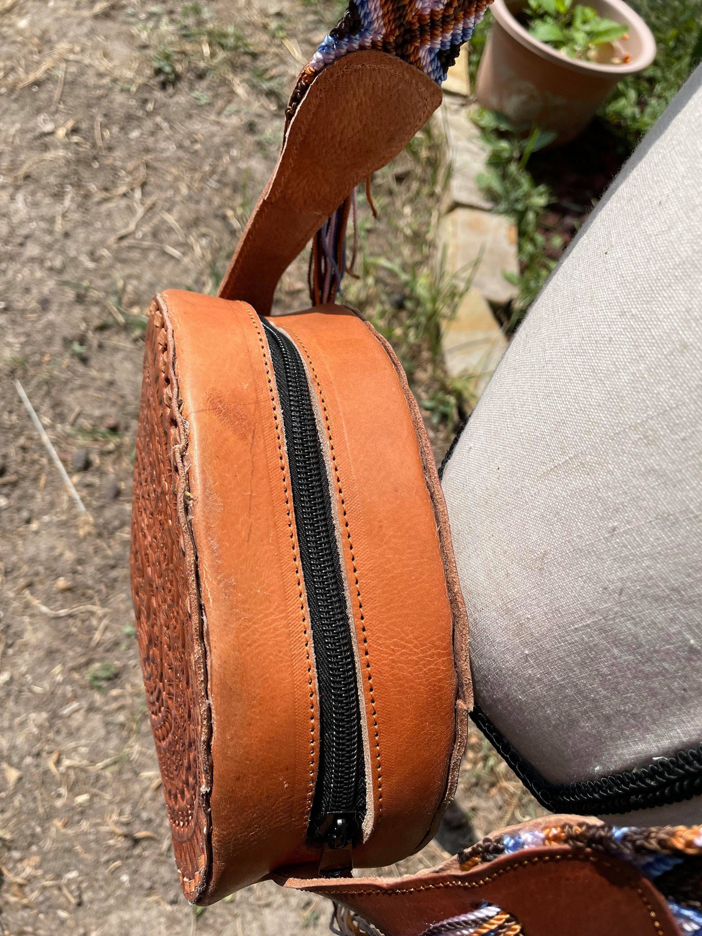 Handmade Round Leather Crossbody Purses - Embroidered Genuine Leather Bag - Boho Leather Purse