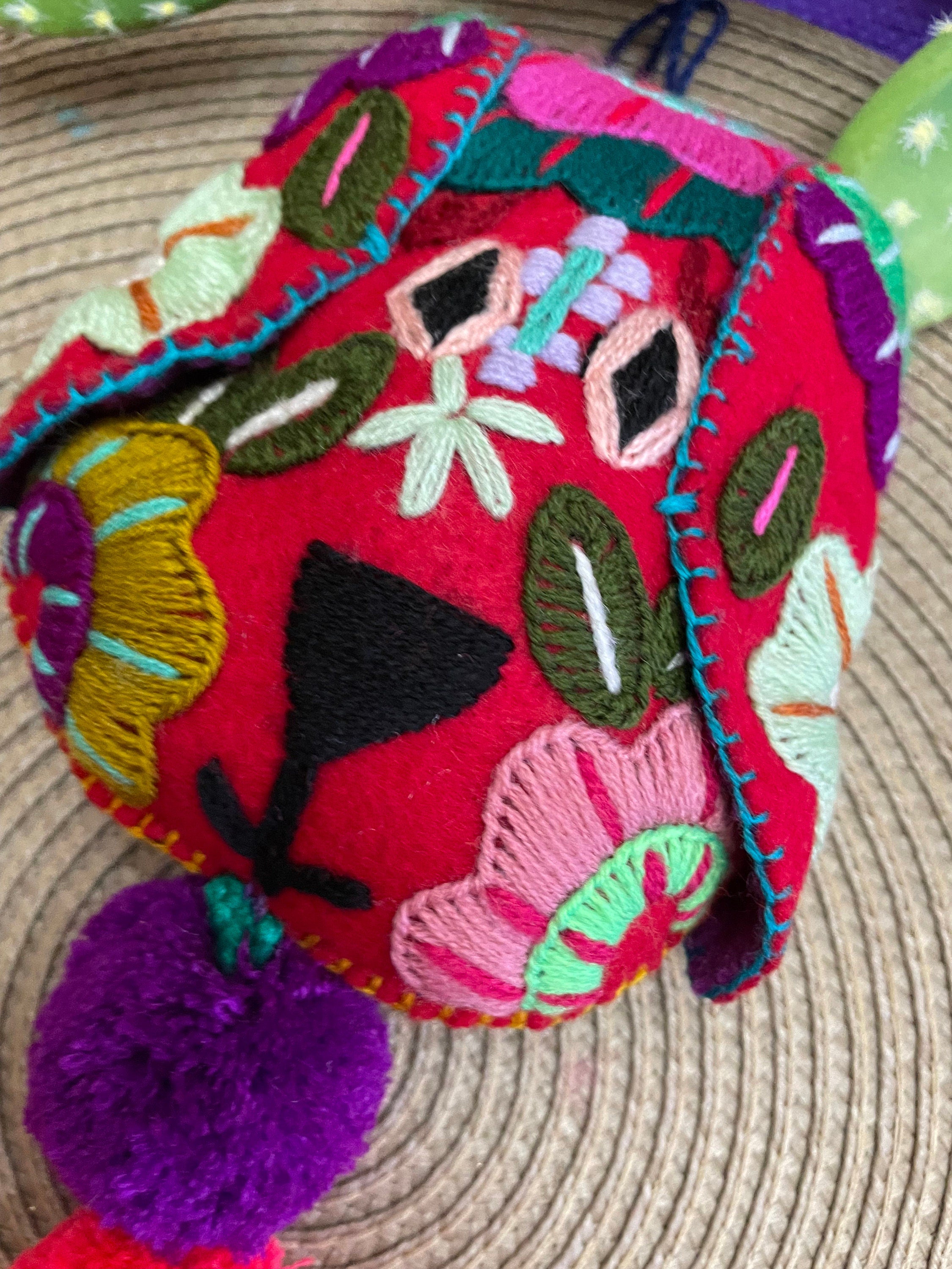 Image of Beautiful Mexican Home Decor - Heart PomPom with Tassels - Hand Embroidered Heart
