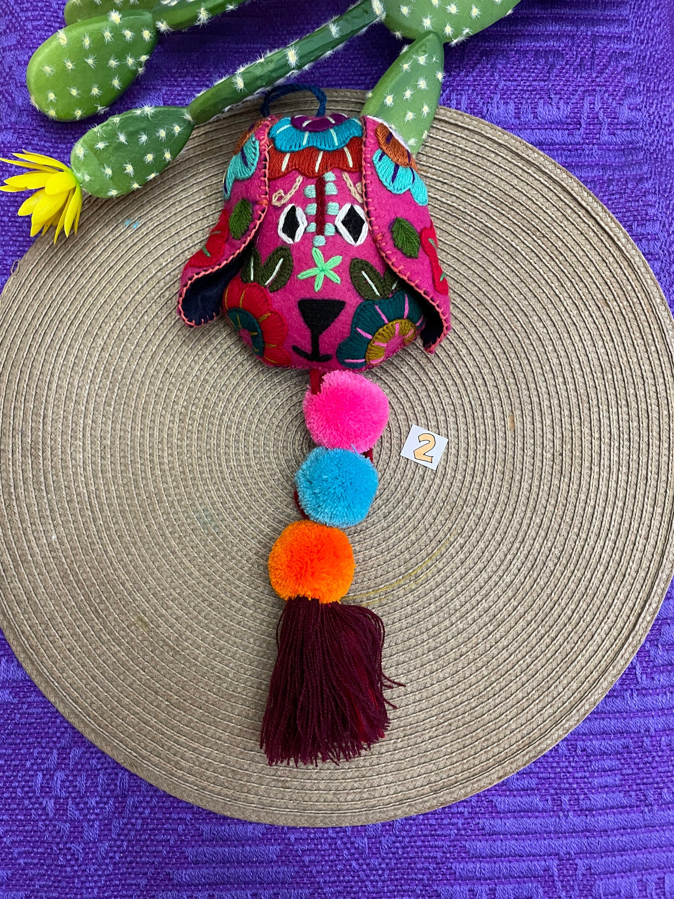 Image of Beautiful Mexican Home Decor - Heart PomPom with Tassels - Hand Embroidered Heart
