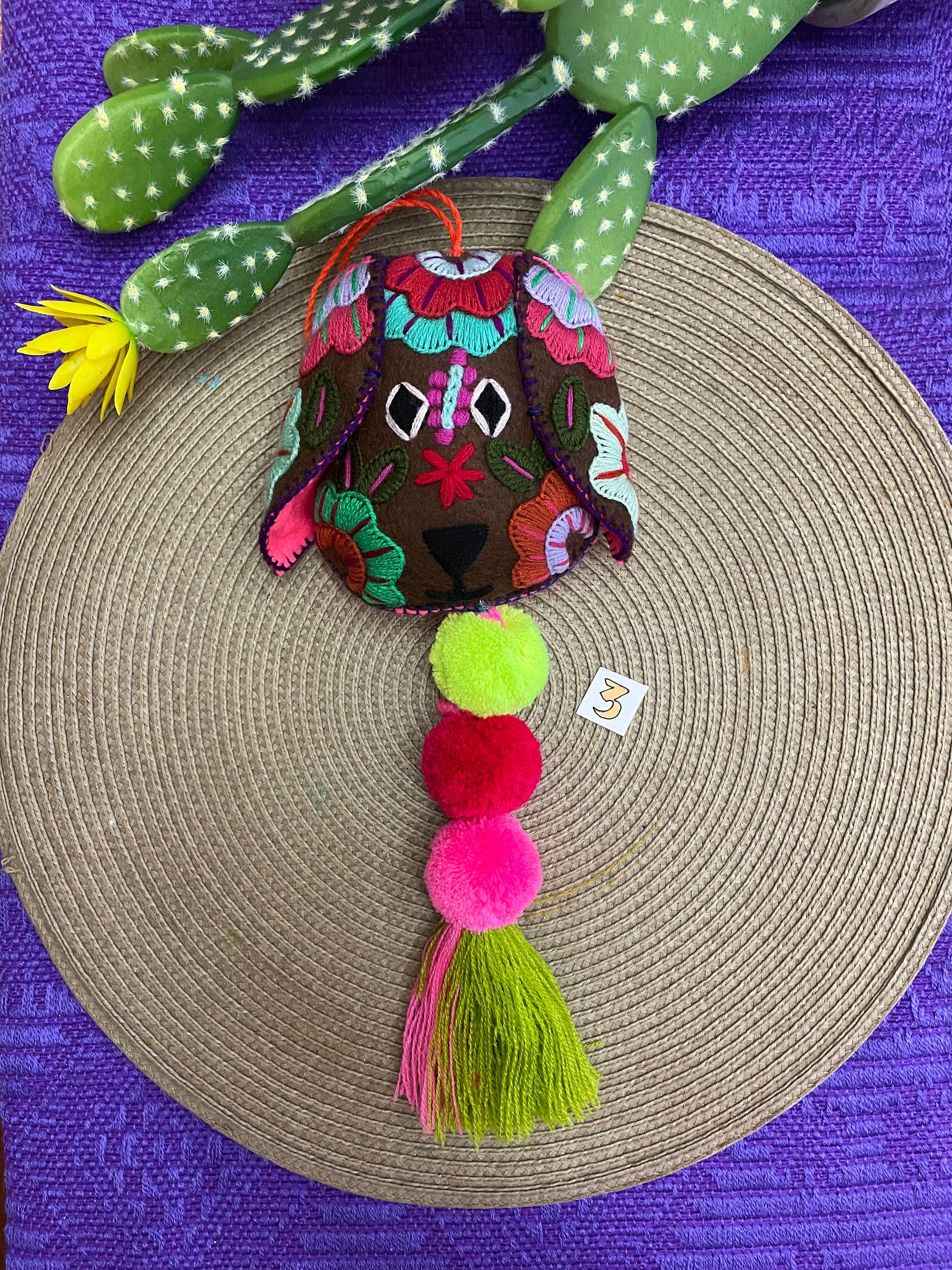 Image of Beautiful Mexican Home Decor - Heart PomPom with Tassels - Hand Embroidered Heart