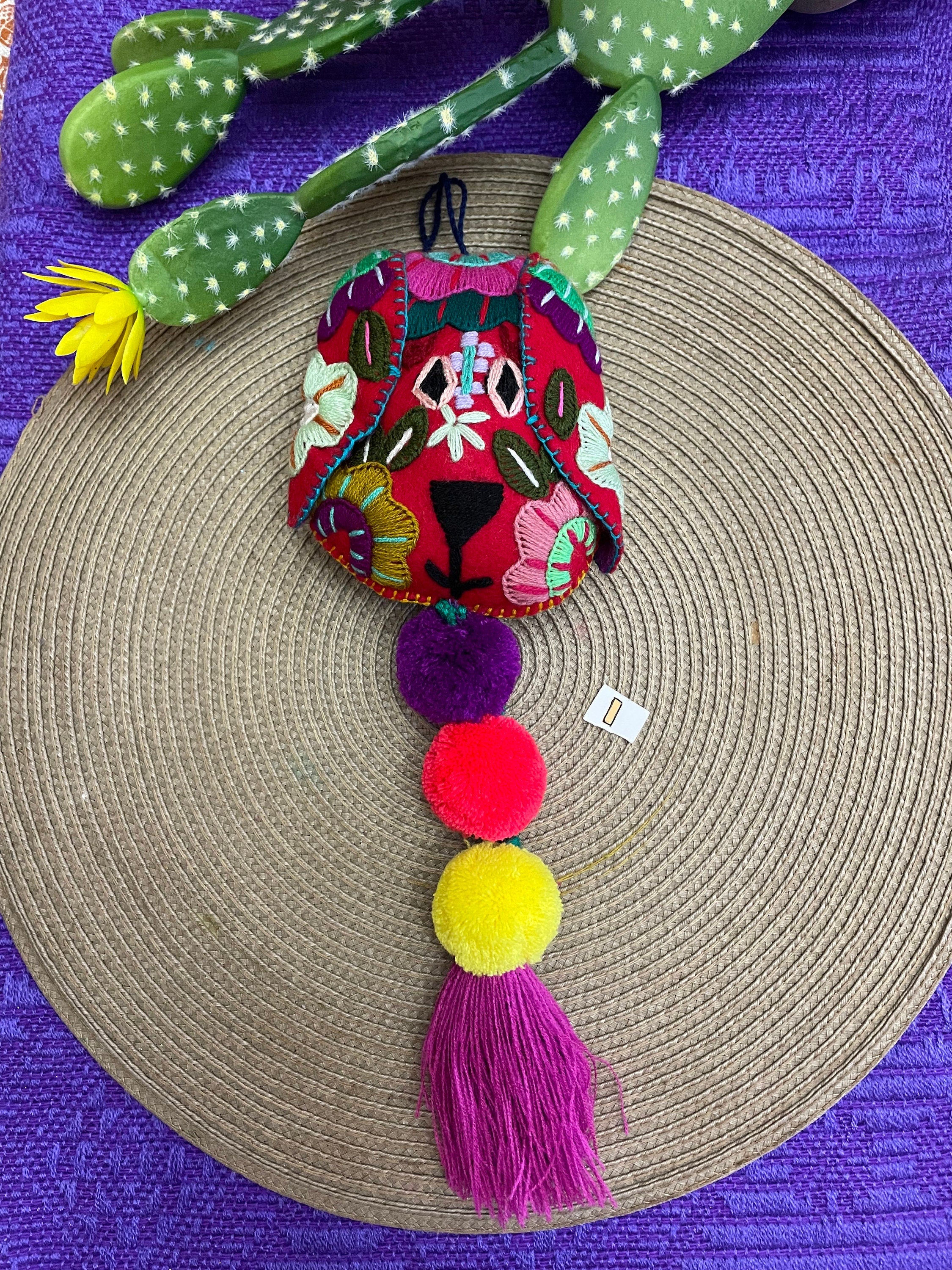 Beautiful Mexican Home Decor - Heart PomPom with Tassels - Hand Embroidered Heart
