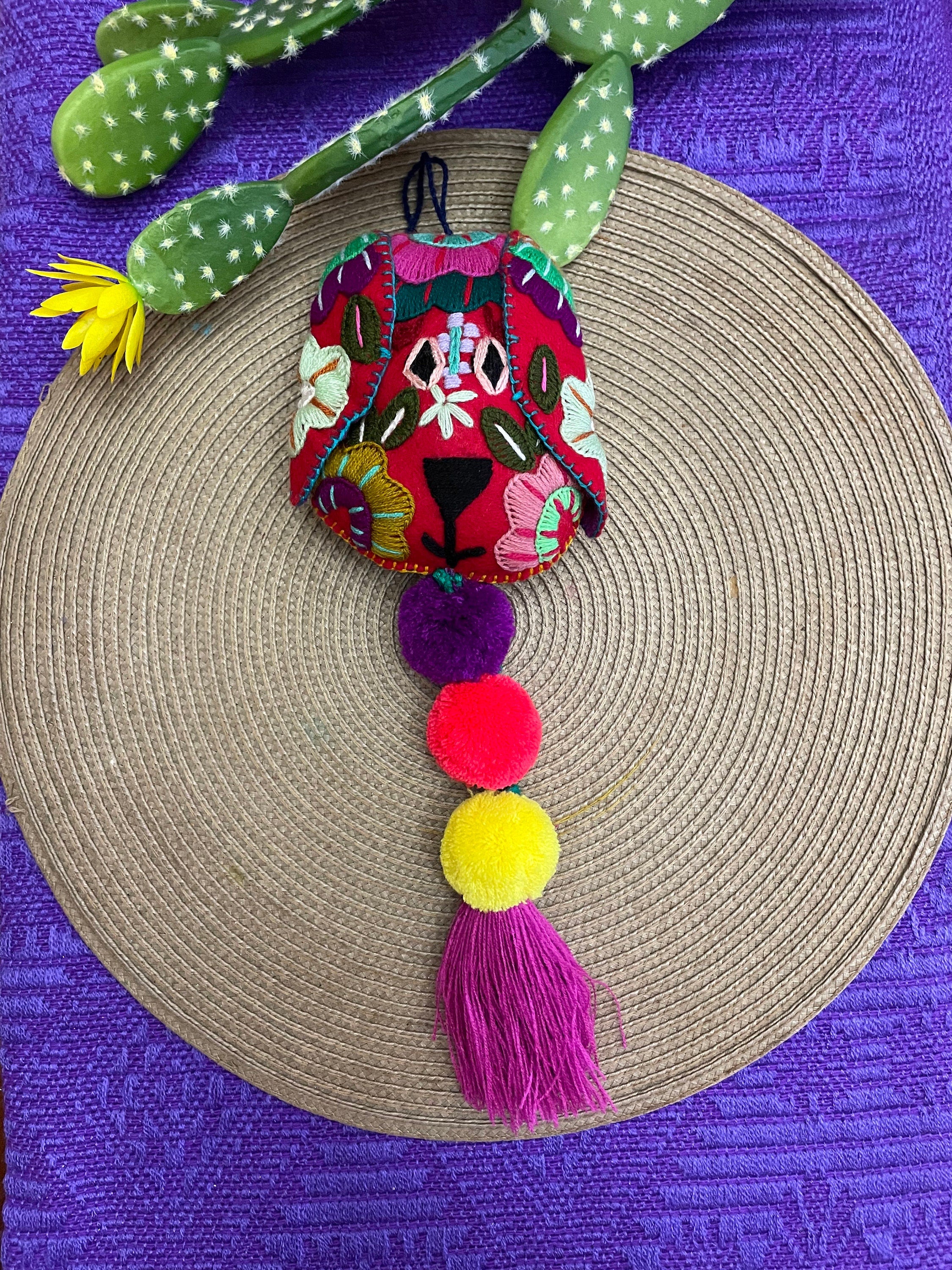 Beautiful Mexican Home Decor - Heart PomPom with Tassels - Hand Embroidered Heart