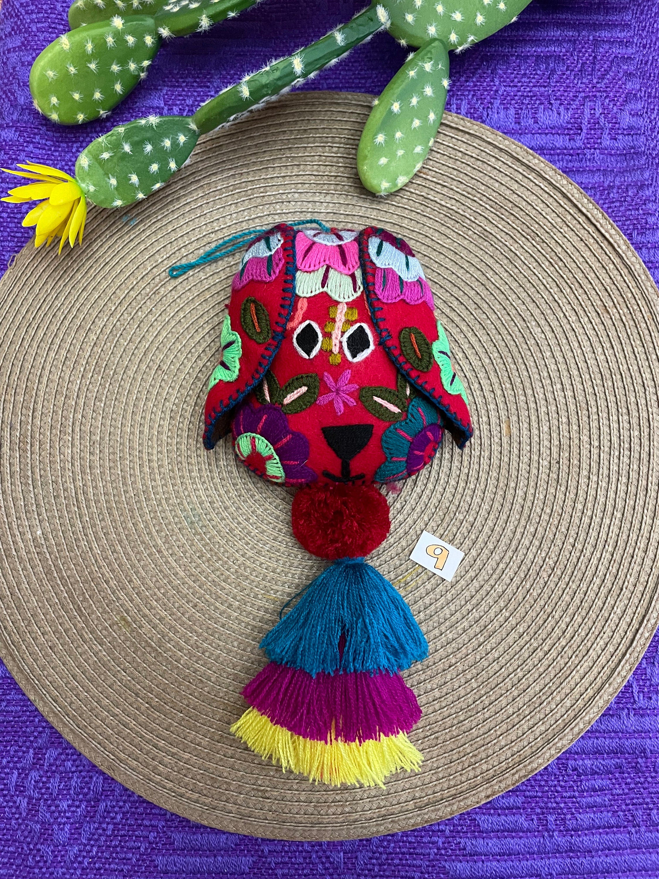 Beautiful Mexican Home Decor - Dog PomPom with Tassels - Hand Embroidered Dog