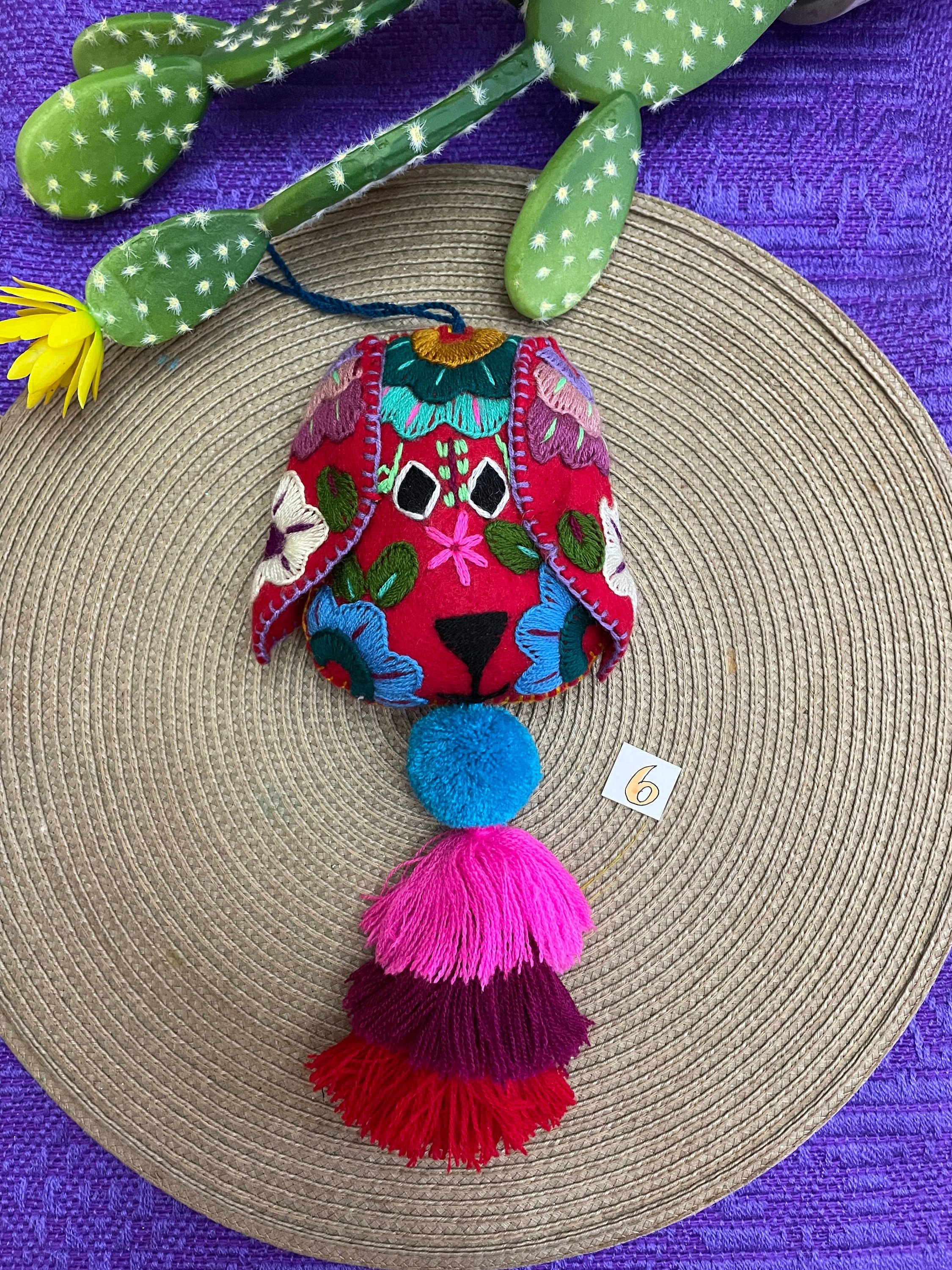 Beautiful Mexican Home Decor - Dog PomPom with Tassels - Hand Embroidered Dog
