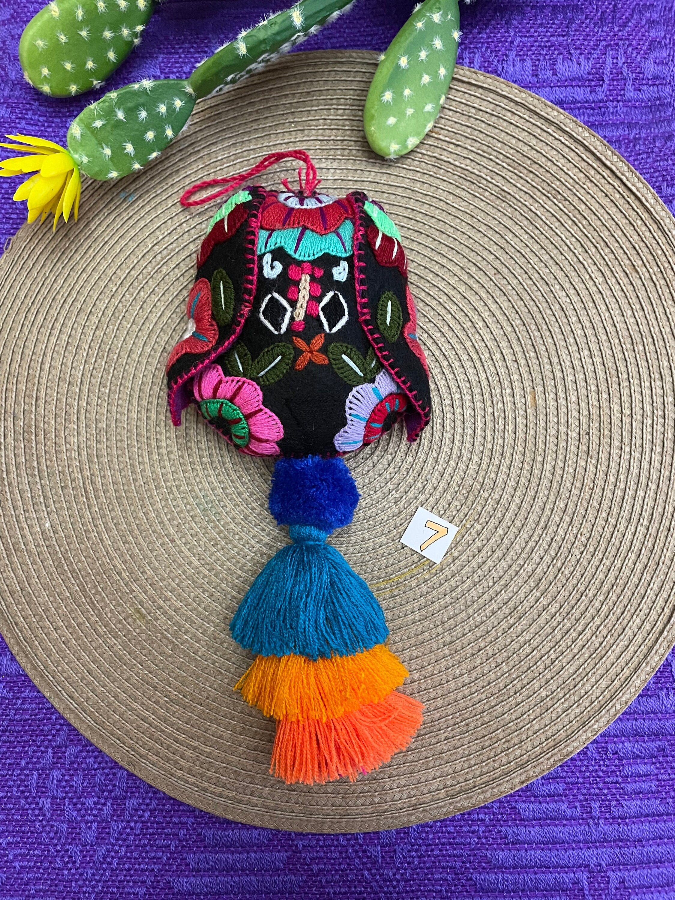 Beautiful Mexican Home Decor - Dog PomPom with Tassels - Hand Embroidered Dog