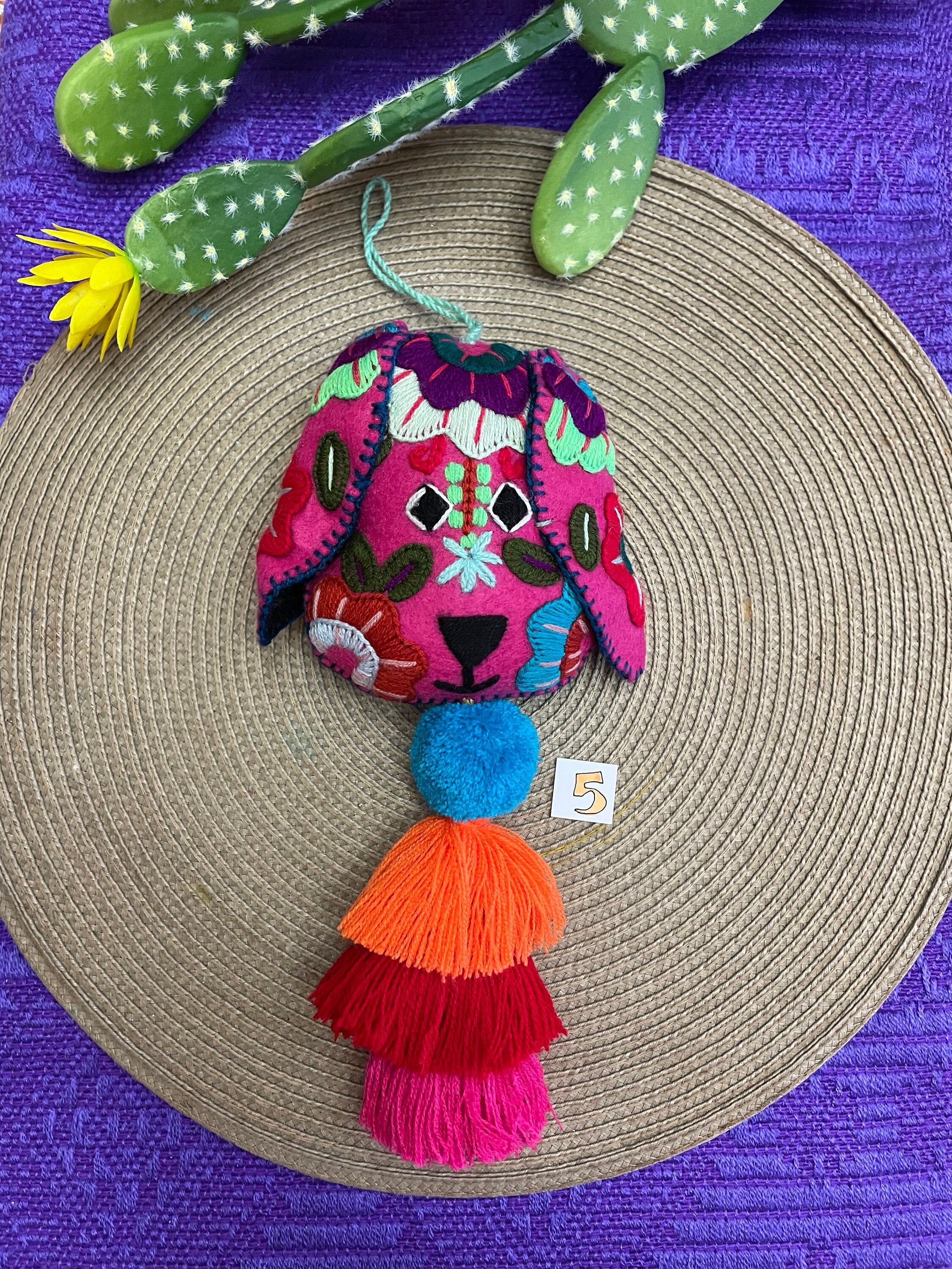 Image of Beautiful Mexican Home Decor - Dog PomPom with Tassels - Hand Embroidered Dog