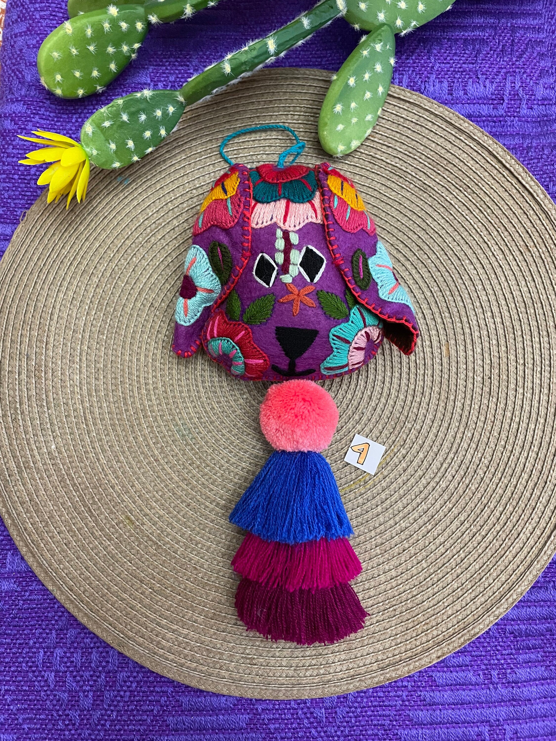 Image of Beautiful Mexican Home Decor - Dog PomPom with Tassels - Hand Embroidered Dog