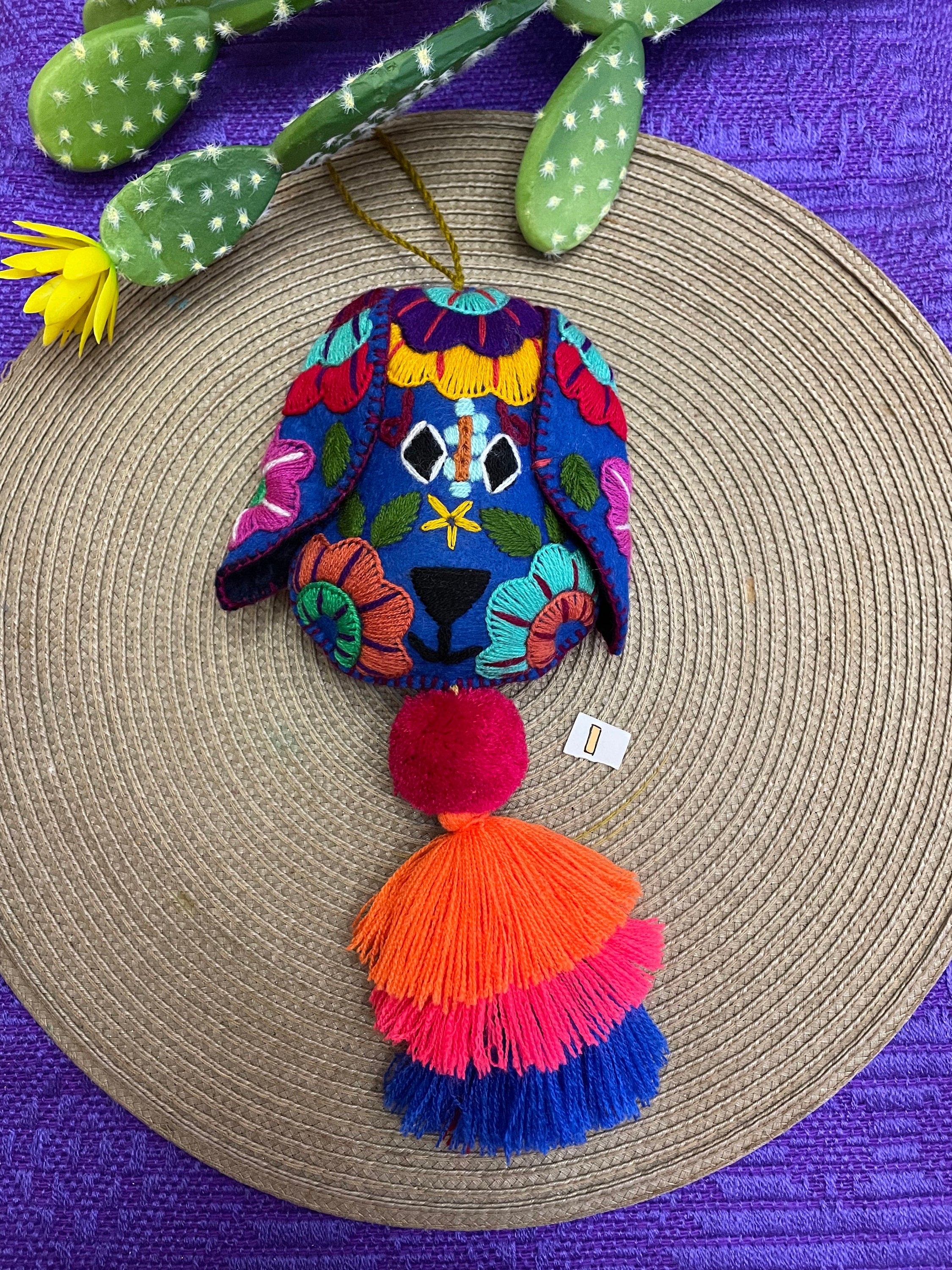 Image of Beautiful Mexican Home Decor - Dog PomPom with Tassels - Hand Embroidered Dog