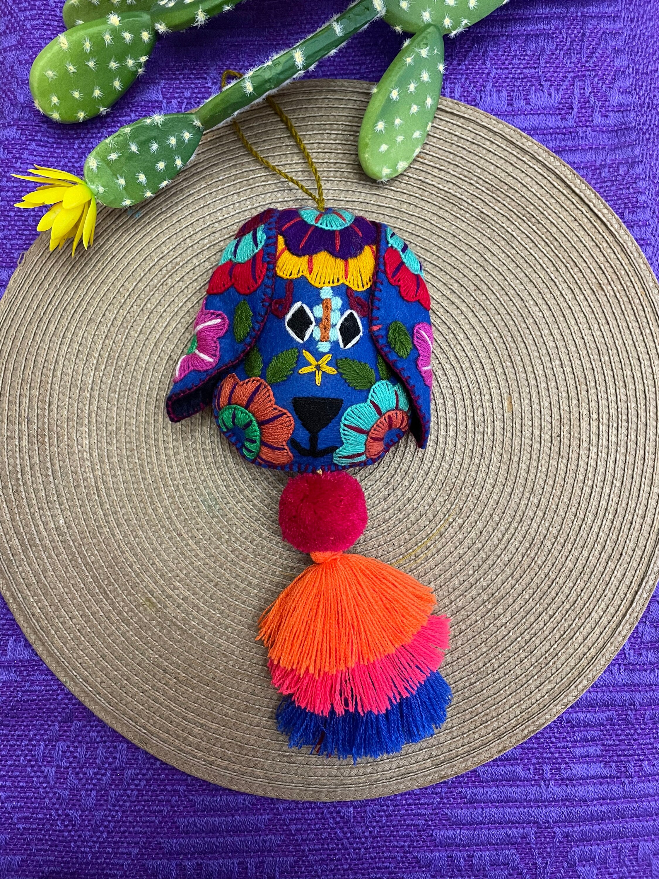 Image of Beautiful Mexican Home Decor - Dog PomPom with Tassels - Hand Embroidered Dog