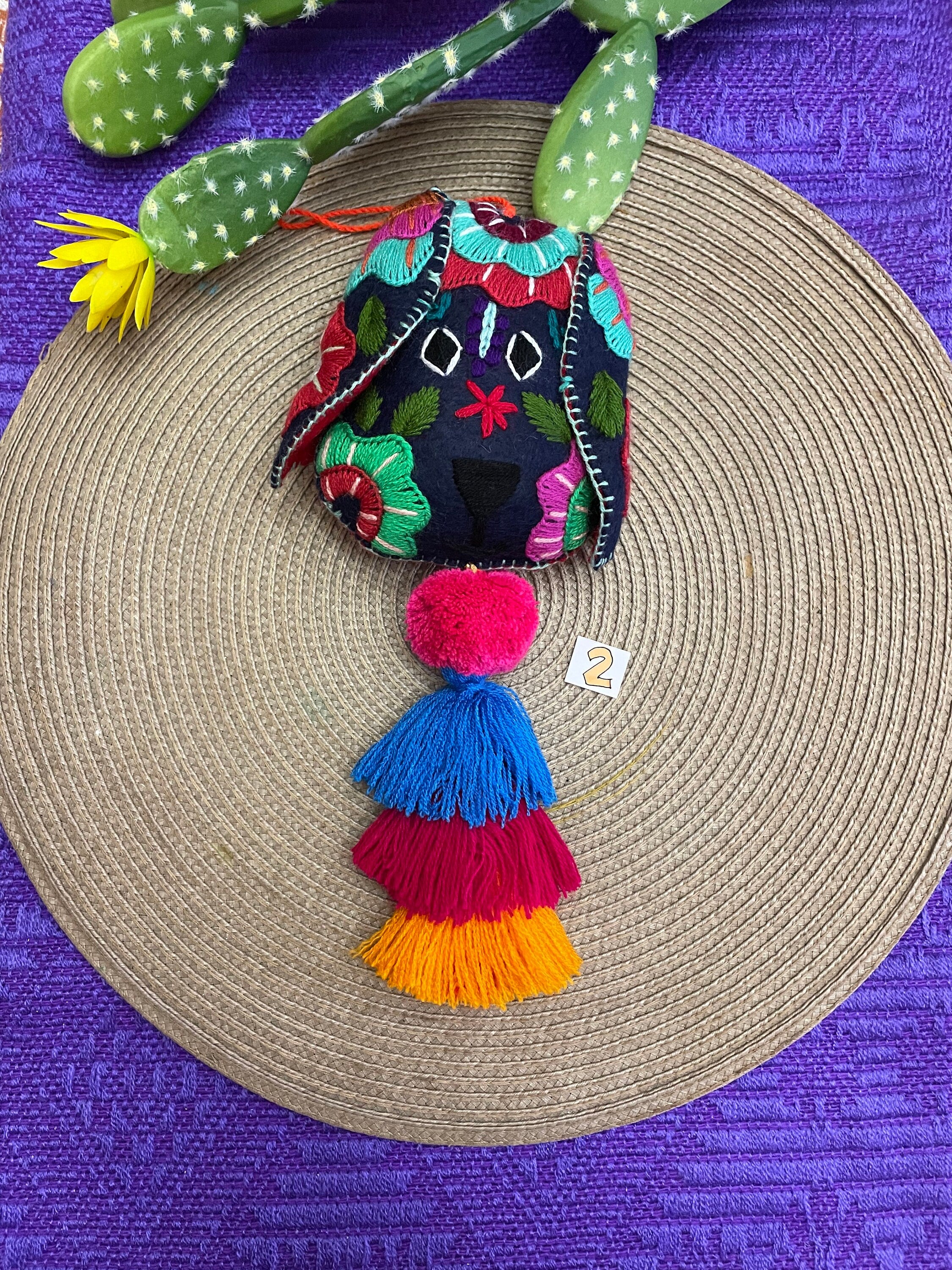 Image of Beautiful Mexican Home Decor - Dog PomPom with Tassels - Hand Embroidered Dog