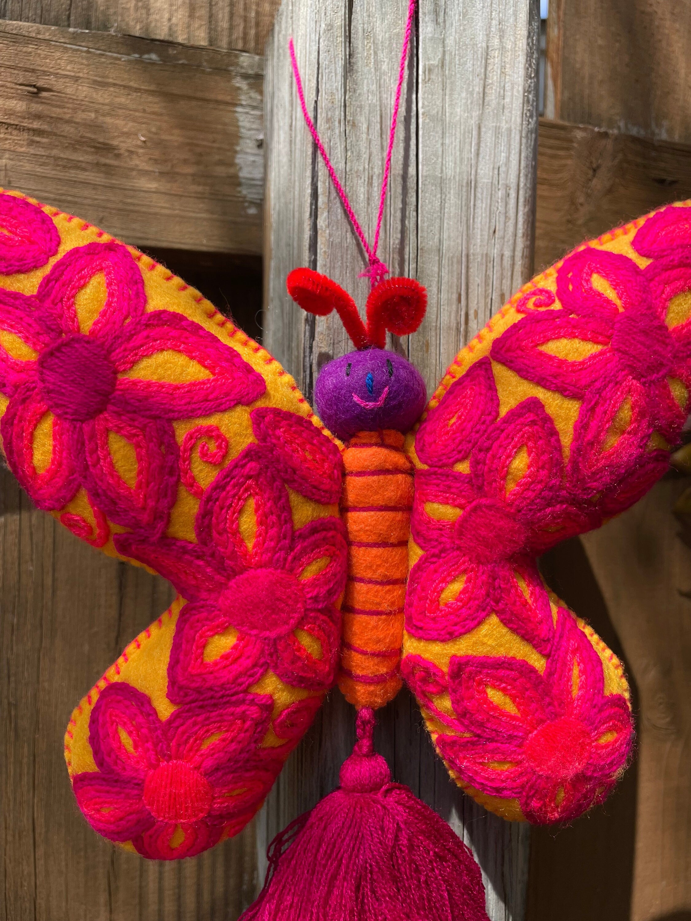 Gorgeous Hand Embroidered Large Butterfly - Handmade Butterfly PomPom - Artisanal Decor