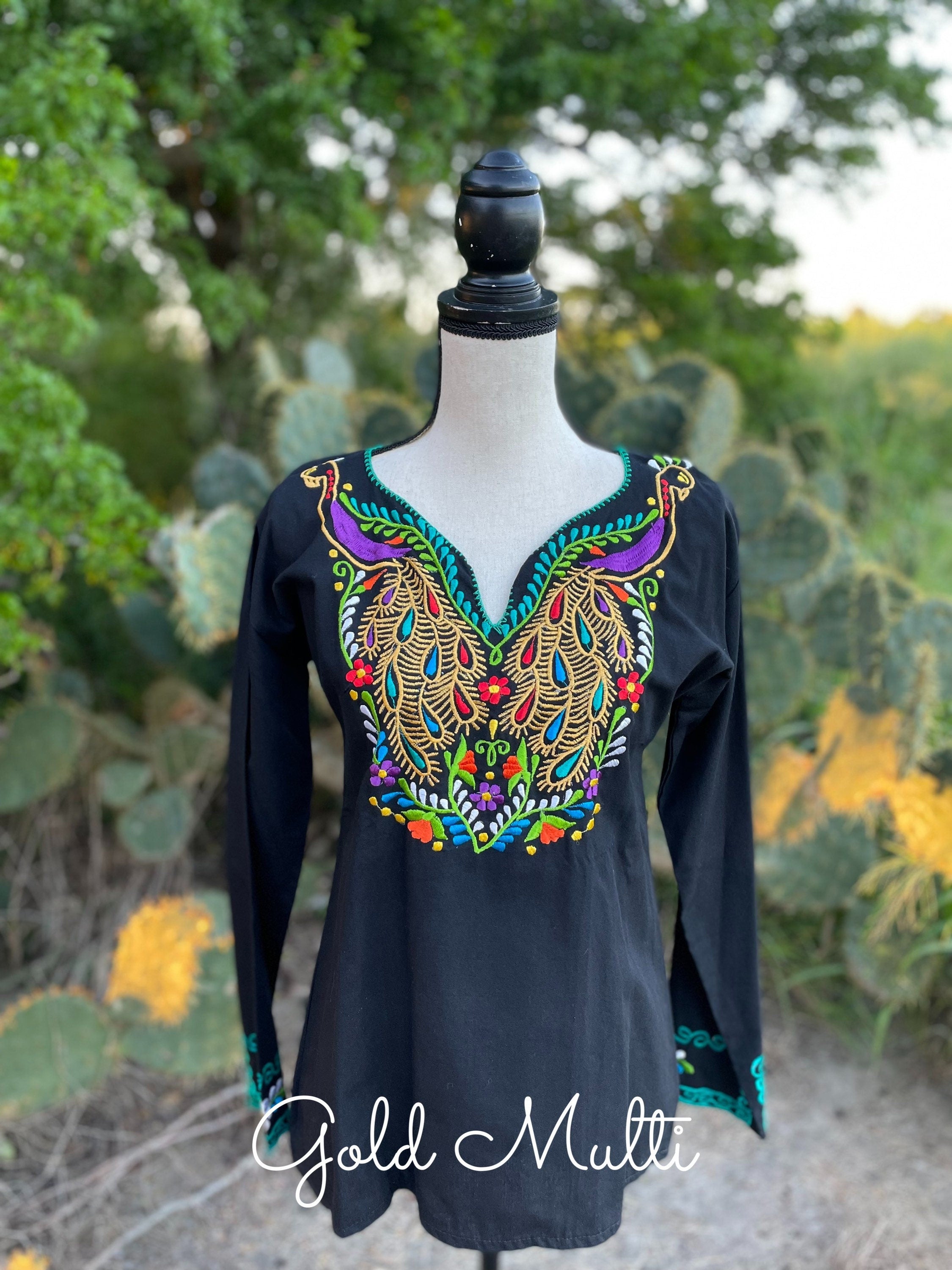Image of Beautiful Peacock Embroidered Blouse - Handmade Artisanal Blouse - Size SMALL