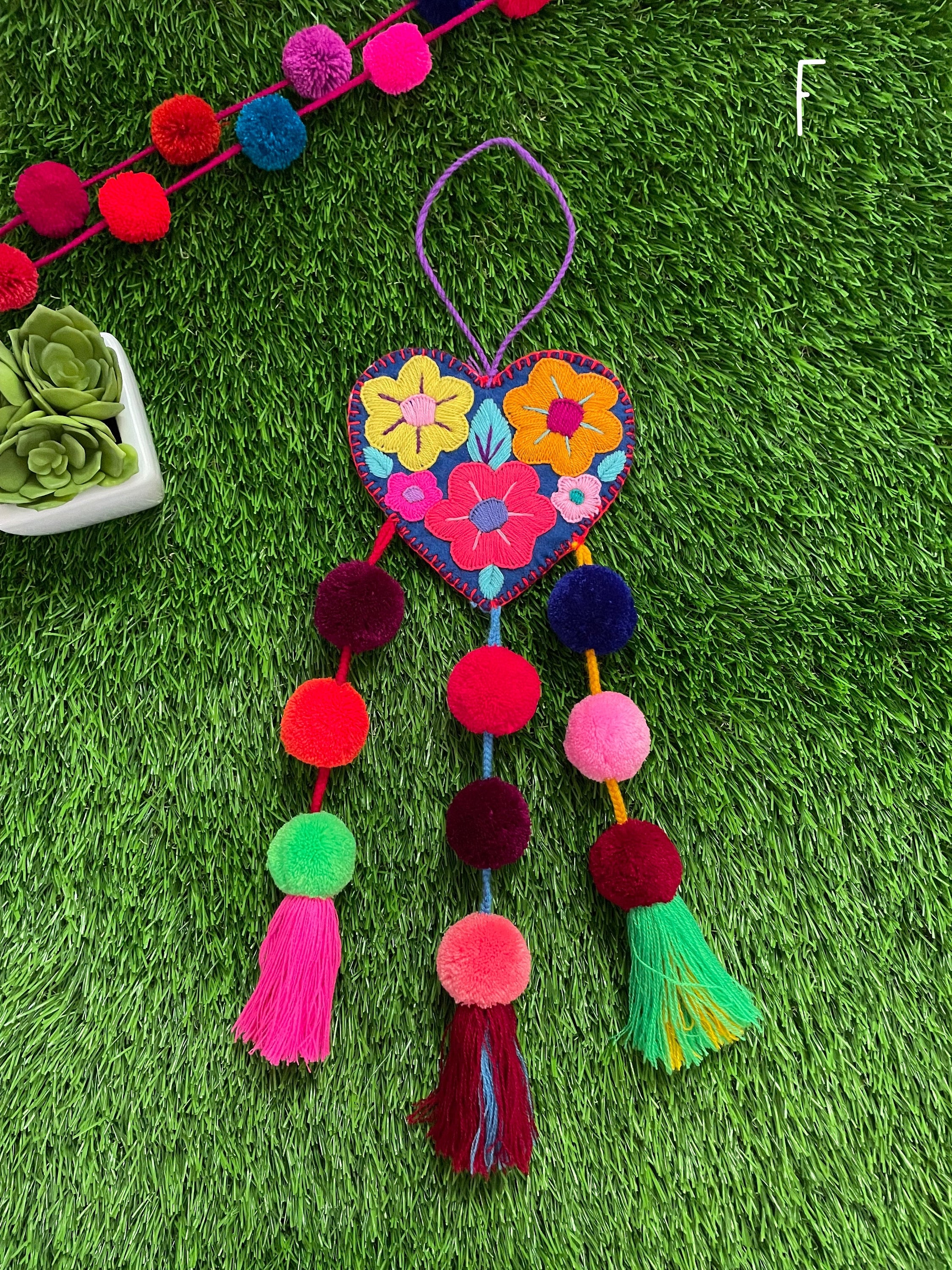 Beautiful Mexican Home Decor - Heart PomPom with PomPom Tassels - Hand Embroidered Heart