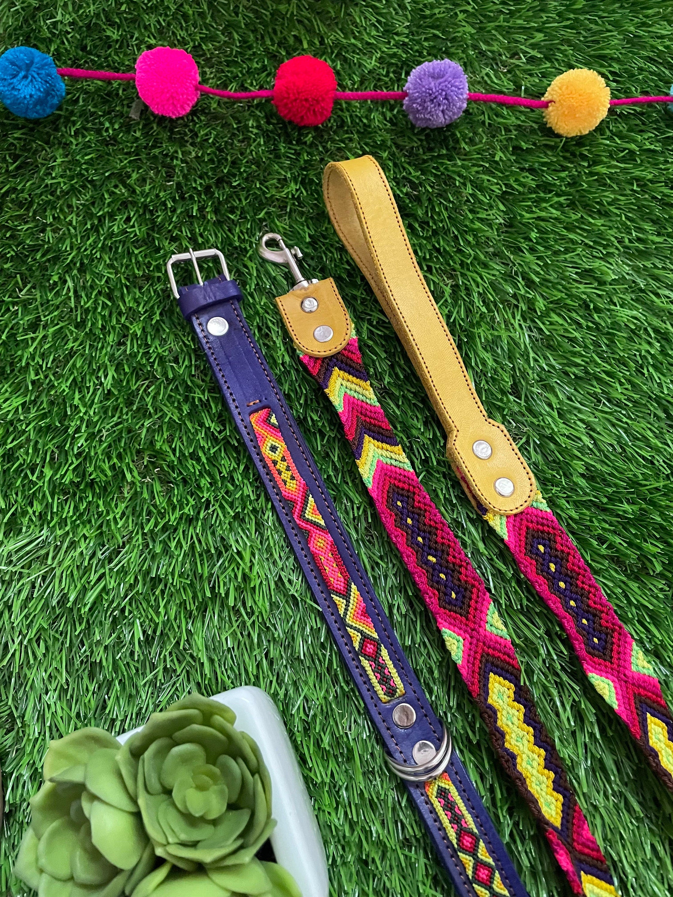 Image of Artisanal Hand Woven Mexican Dog Leash and Medium Size Collar COMBO