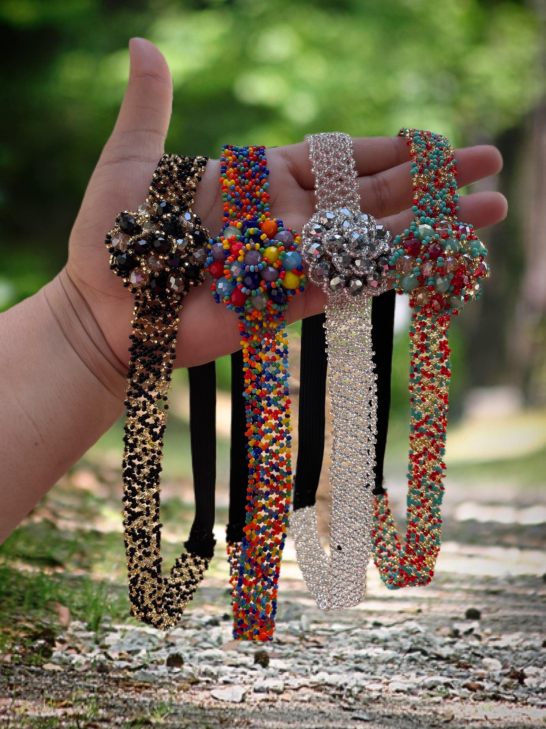 Image of Beautiful Hand Beaded Artisanal Headbands - Artisan Made Headbands - Elastic Headbands - Handmade Headbands