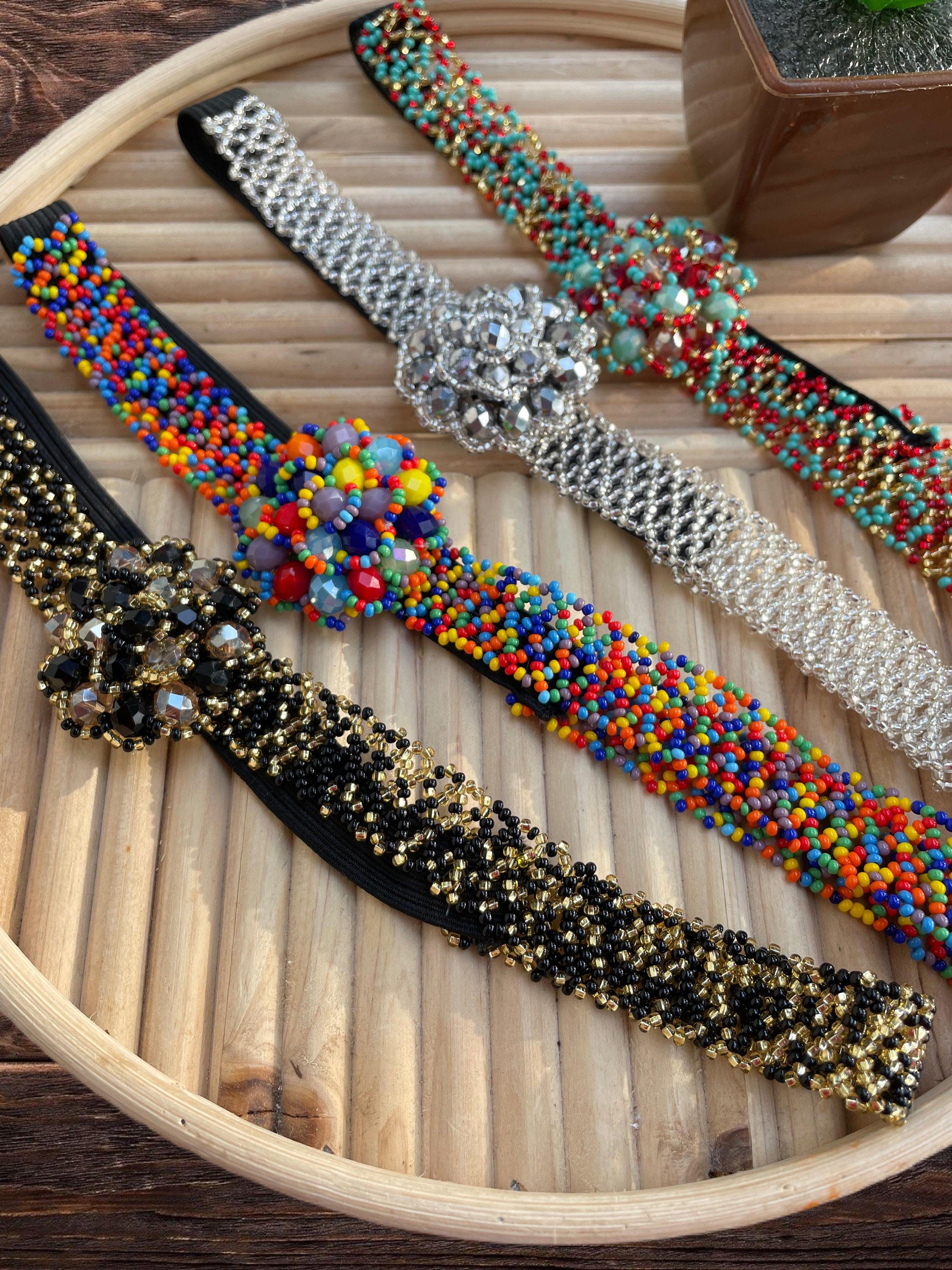 Image of Beautiful Hand Beaded Artisanal Headbands - Artisan Made Headbands - Elastic Headbands - Handmade Headbands