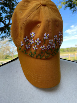 Image of Hand Embroidered Mustard Cap - Artisan Made Cap - Dainty Embroidered Cap