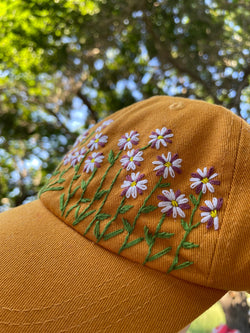 Image of Hand Embroidered Mustard Cap - Artisan Made Cap - Dainty Embroidered Cap