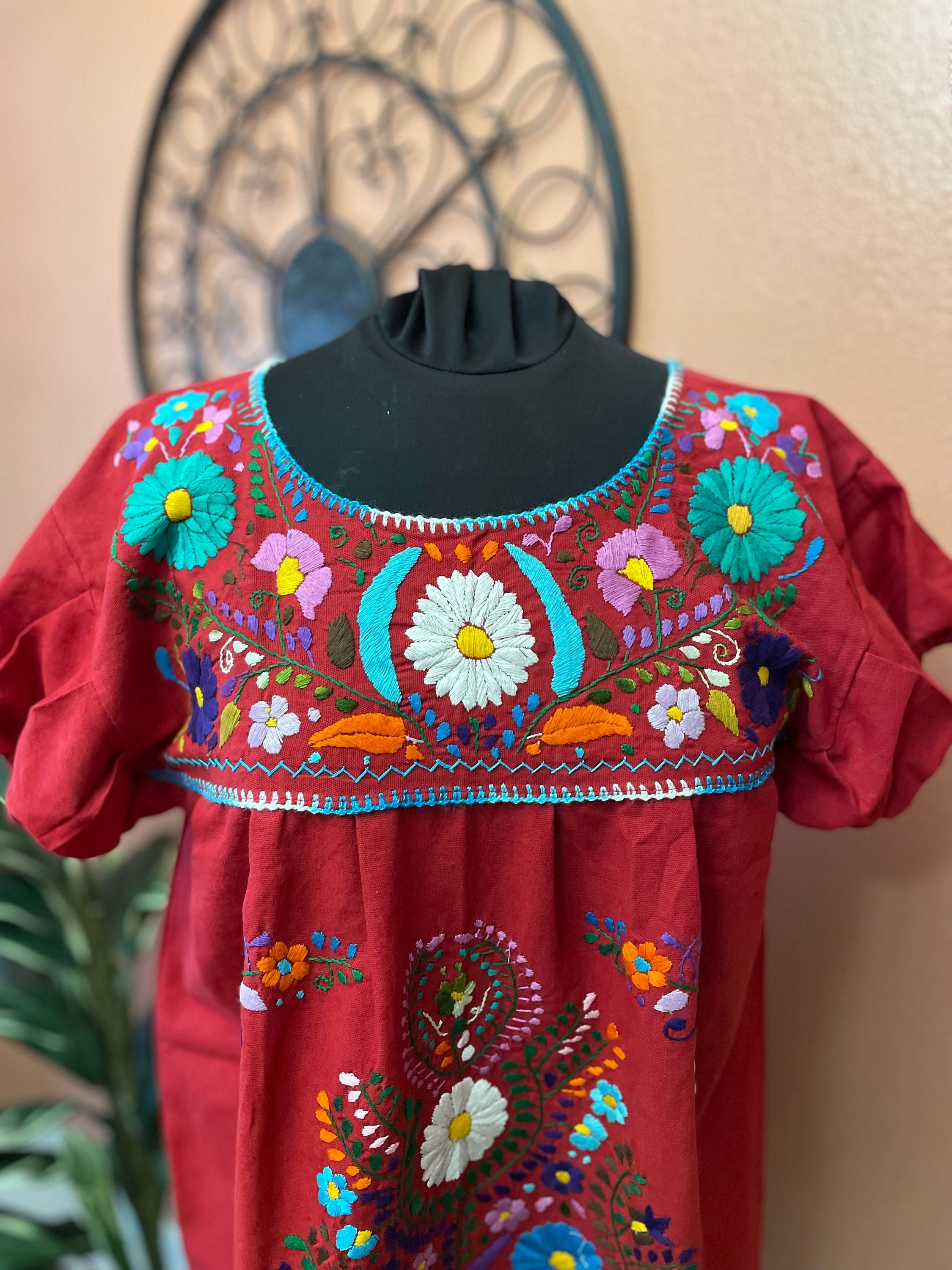 Hand Embroidered Mexican Fiesta Dress: Women's Cotton