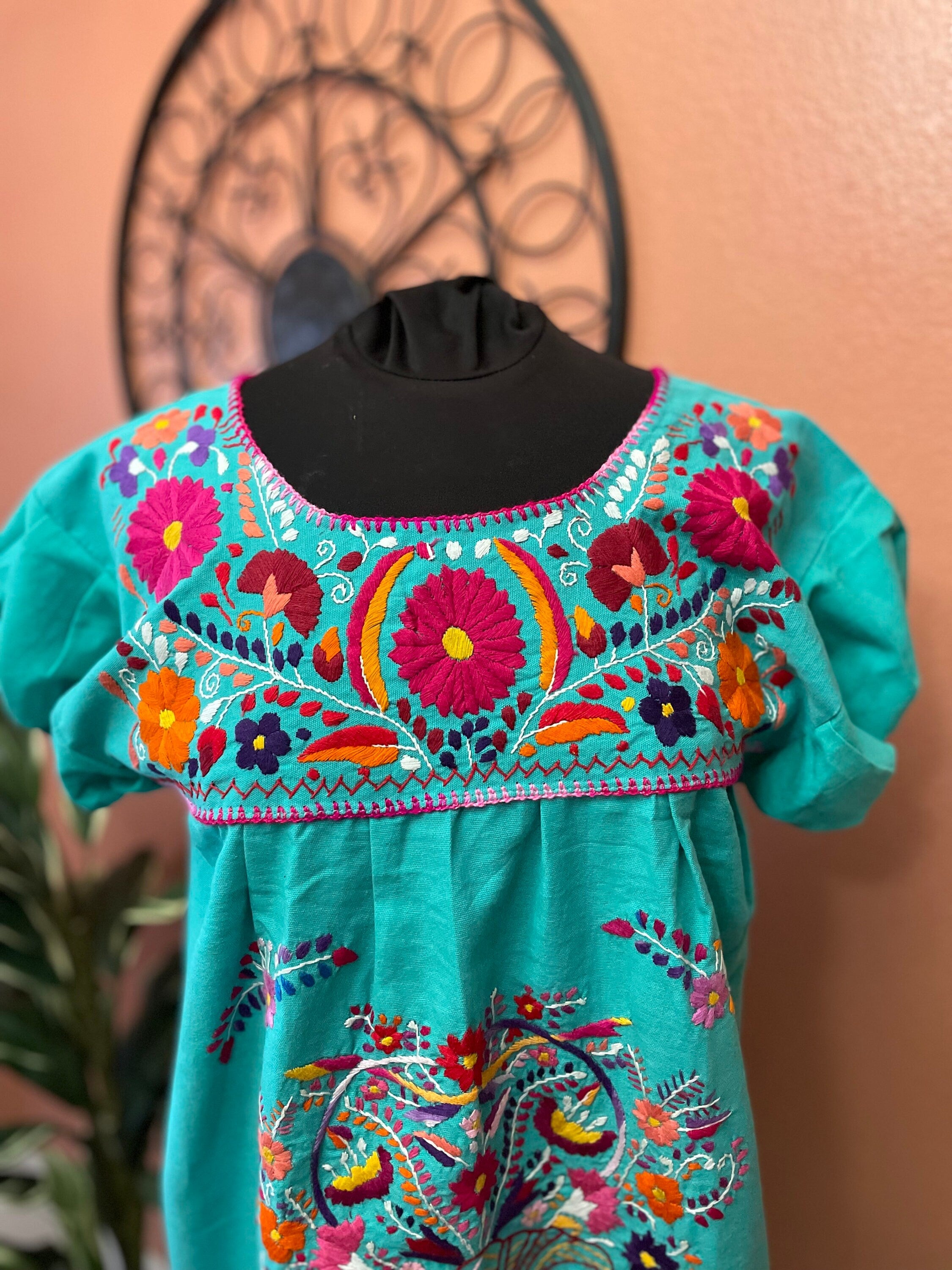 Hand Embroidered Mexican Fiesta Dress: Women's Cotton