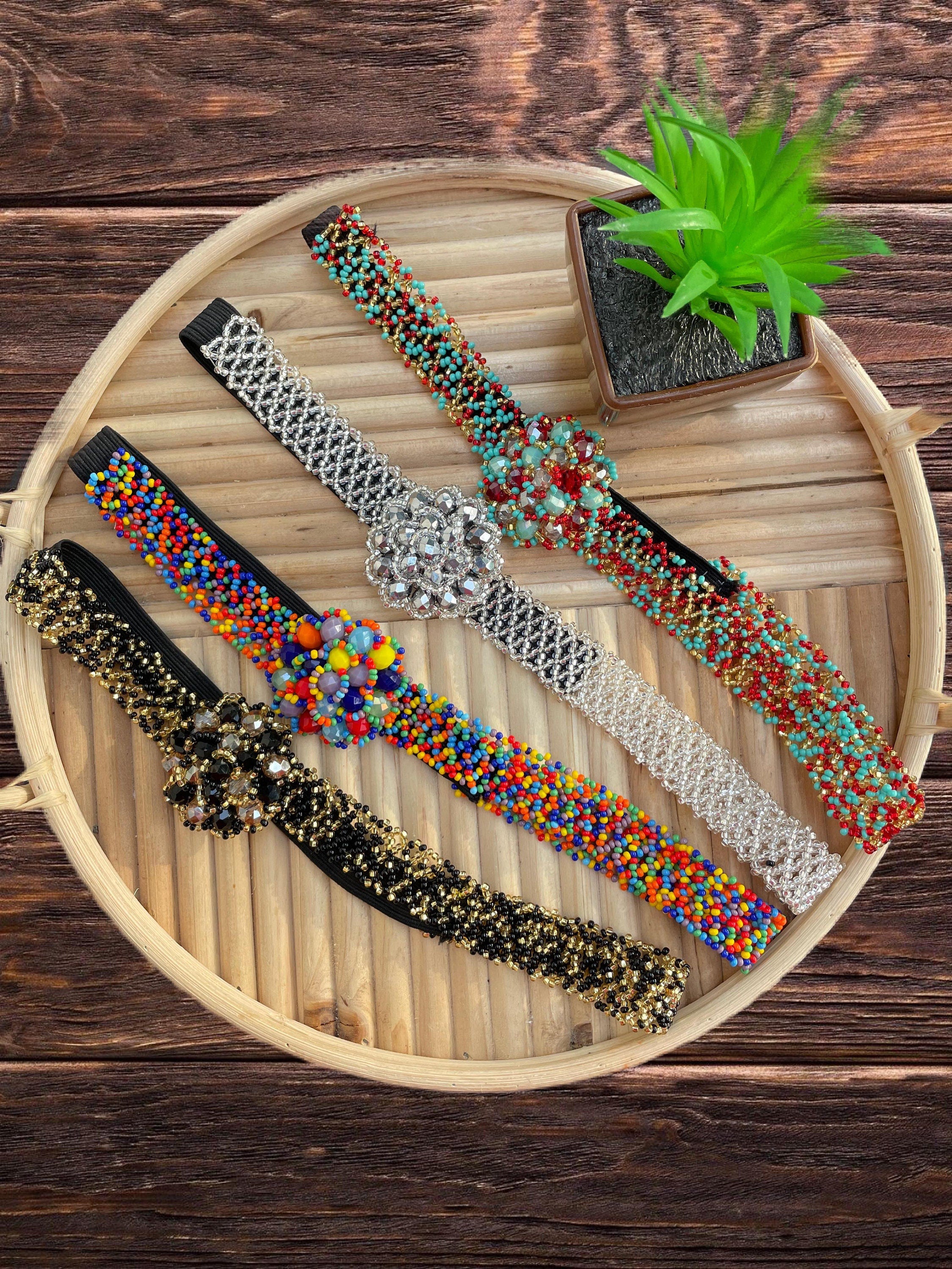 Beautiful Hand Beaded Artisanal Headbands - Artisan Made Headbands - Elastic Headbands - Handmade Headbands