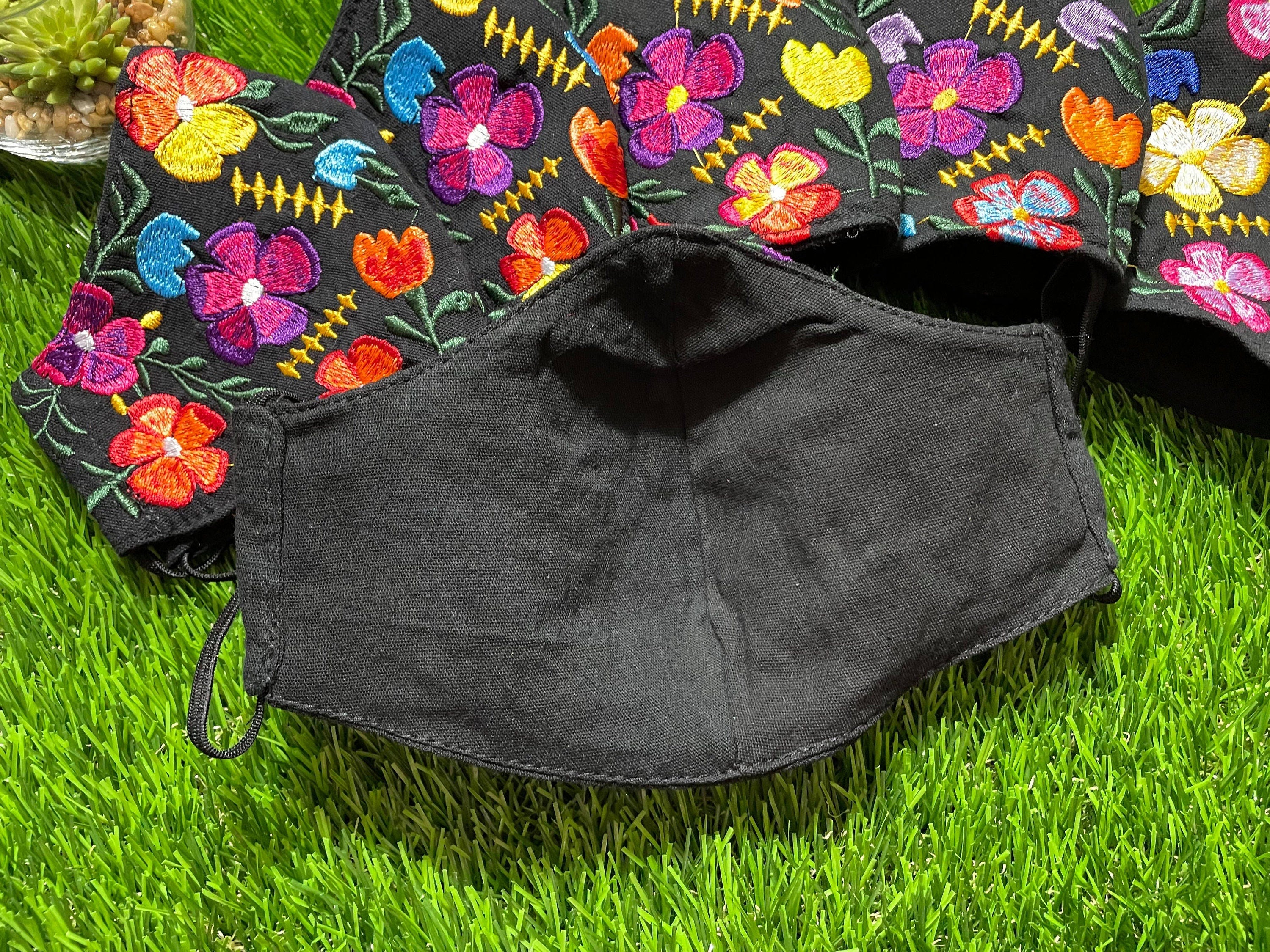Black Mexican Floral Mask - Embroidered Face Mask