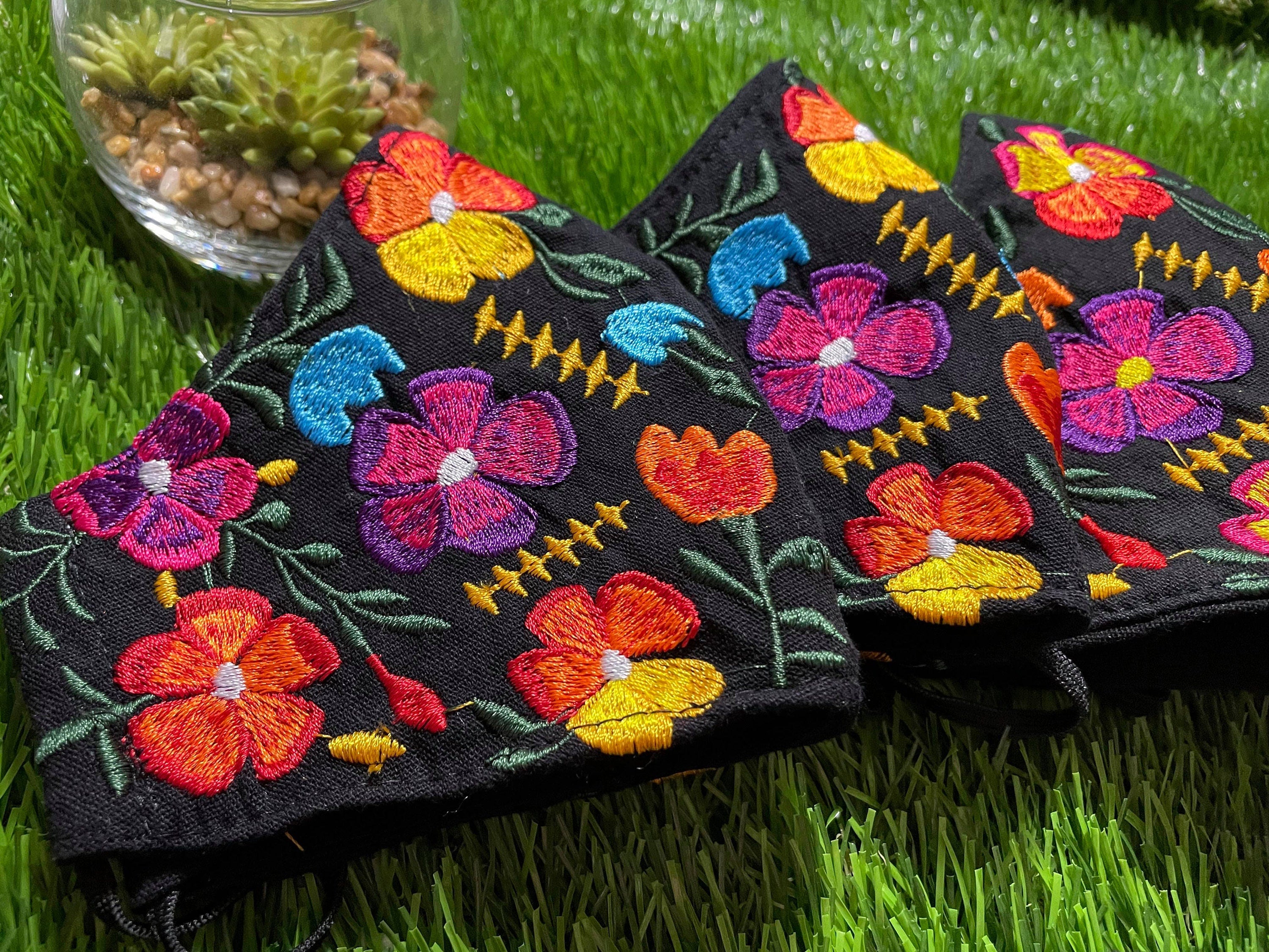 Black Mexican Floral Mask - Embroidered Face Mask