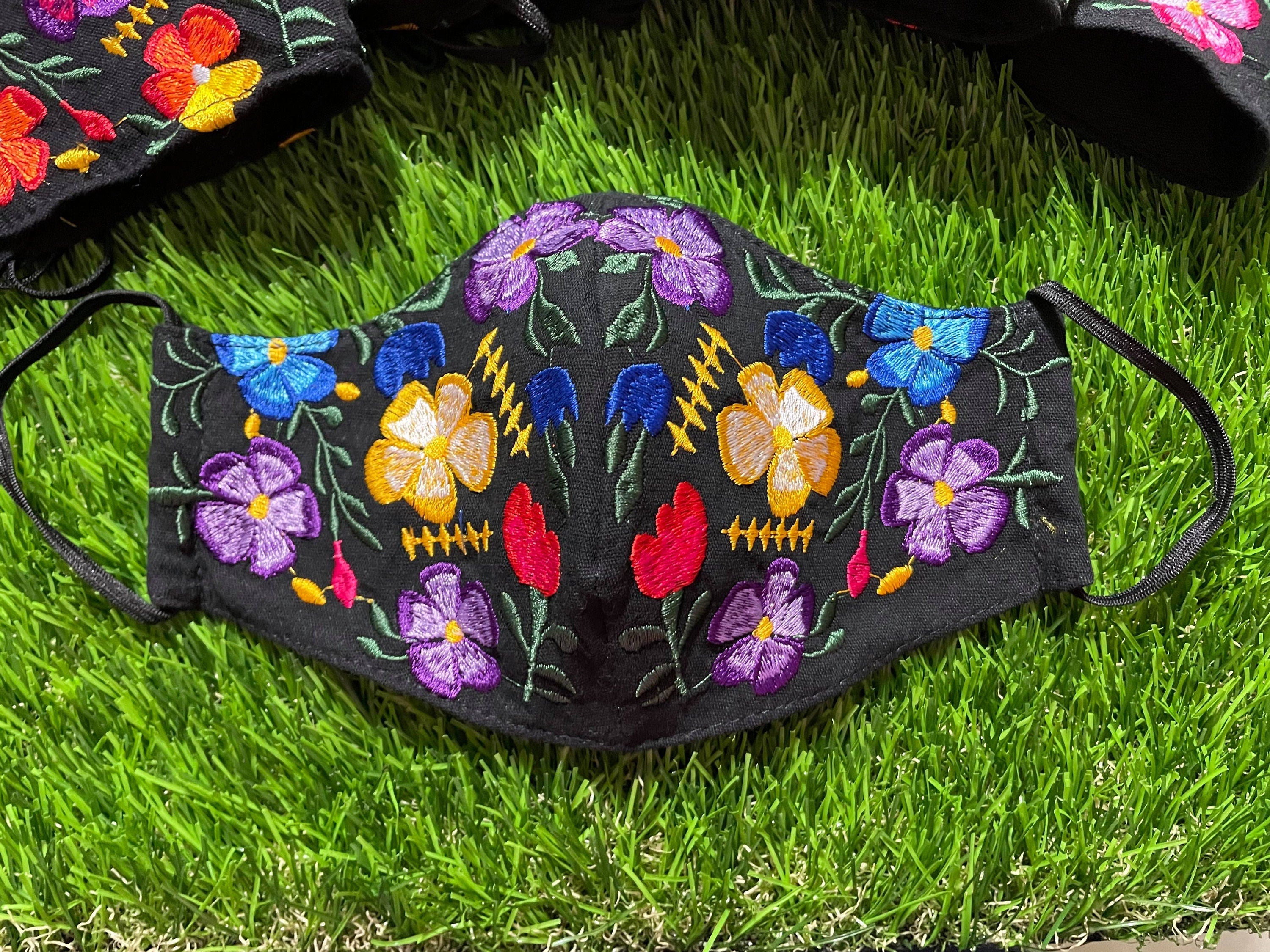 Black Mexican Floral Mask - Embroidered Face Mask