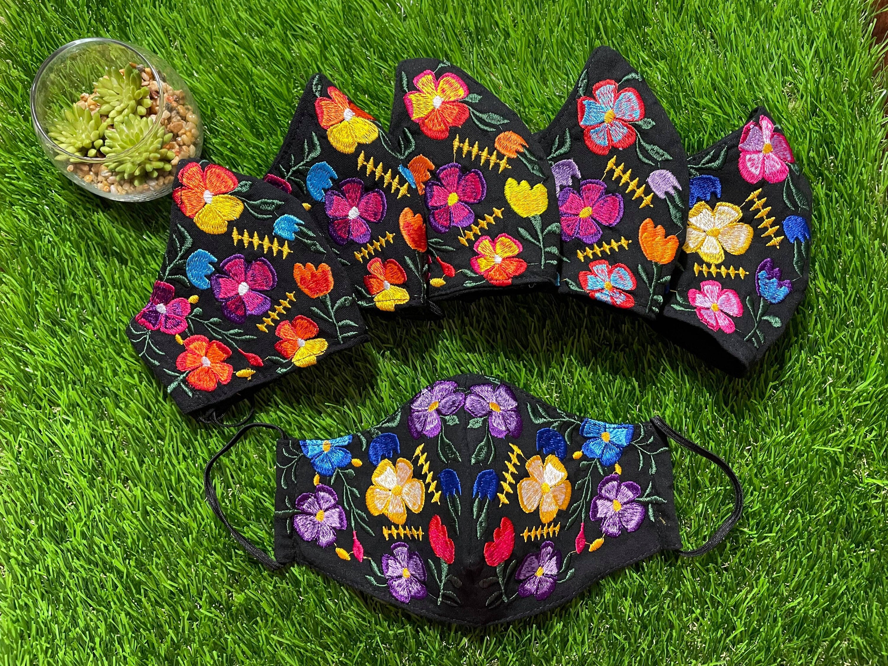 Black Mexican Floral Mask - Embroidered Face Mask