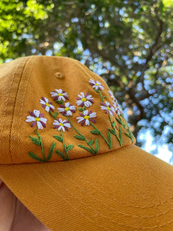 Image of Hand Embroidered Mustard Cap - Artisan Made Cap - Dainty Embroidered Cap