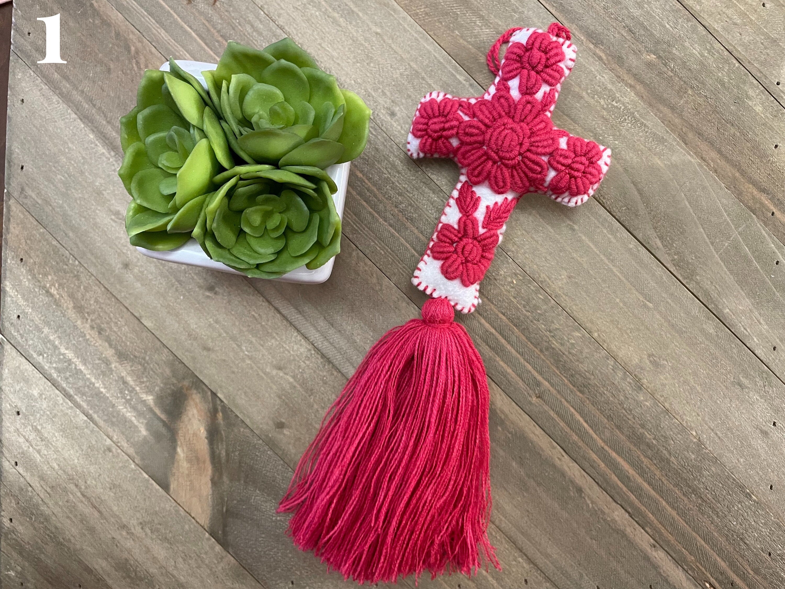 Image of Work of Art, Handmade & Hand-embroidered, Cross keychain or handbag charm