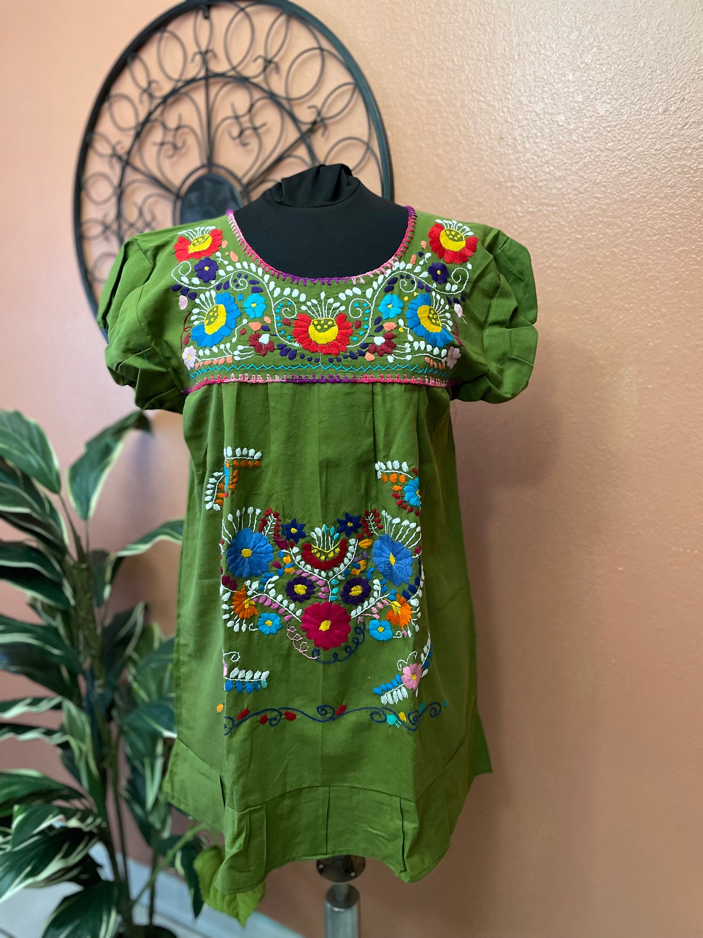 Hand Embroidered Mexican Fiesta Dress: Women's Cotton